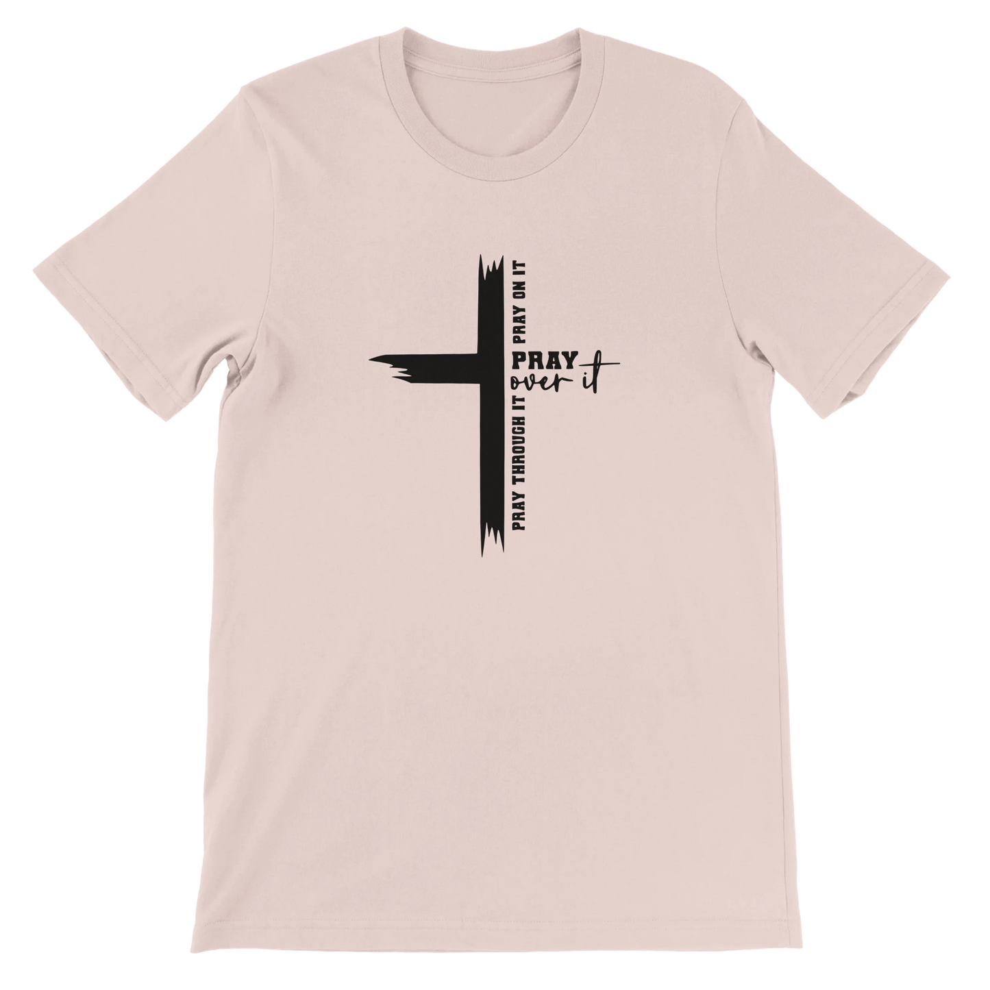 Beige t-shirt with a black cross design and text on a white background