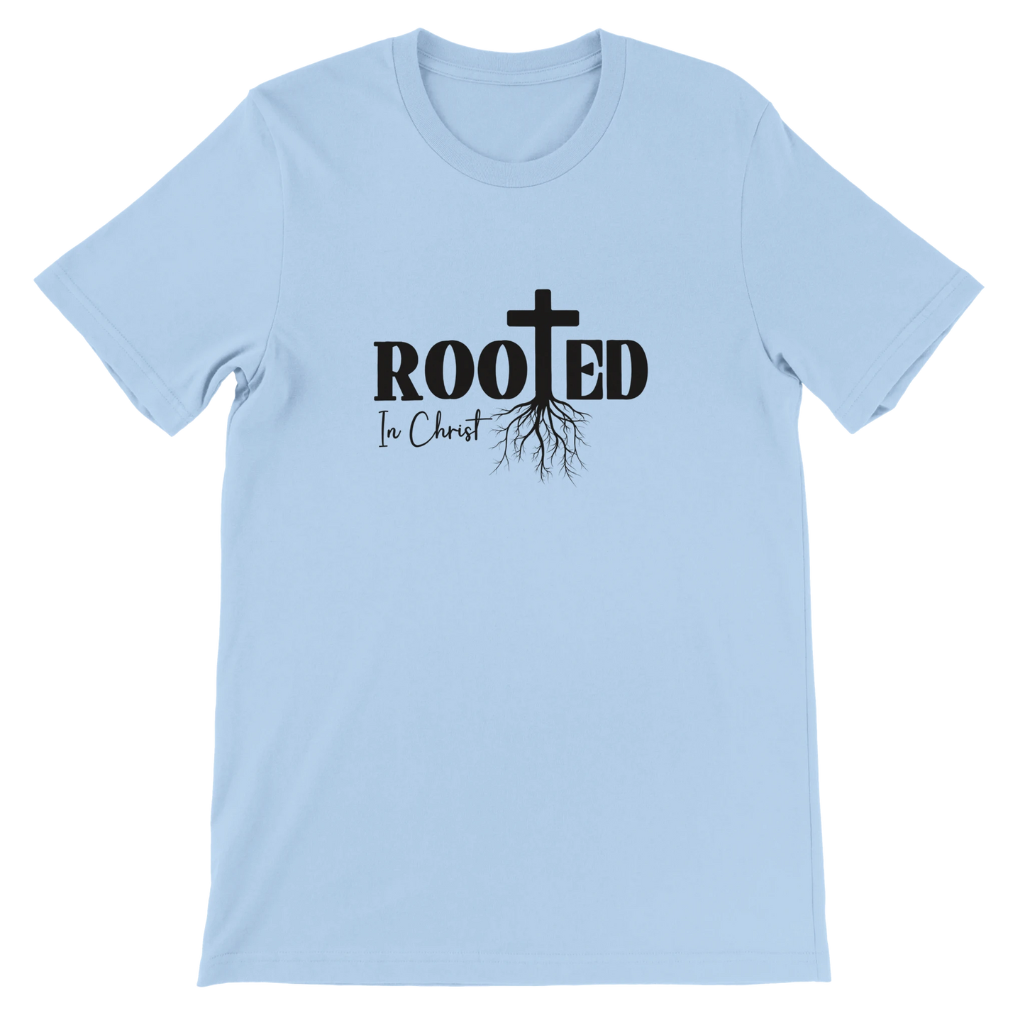 Light blue t-shirt with 'Rooted In Christ' text and cross design on a white background