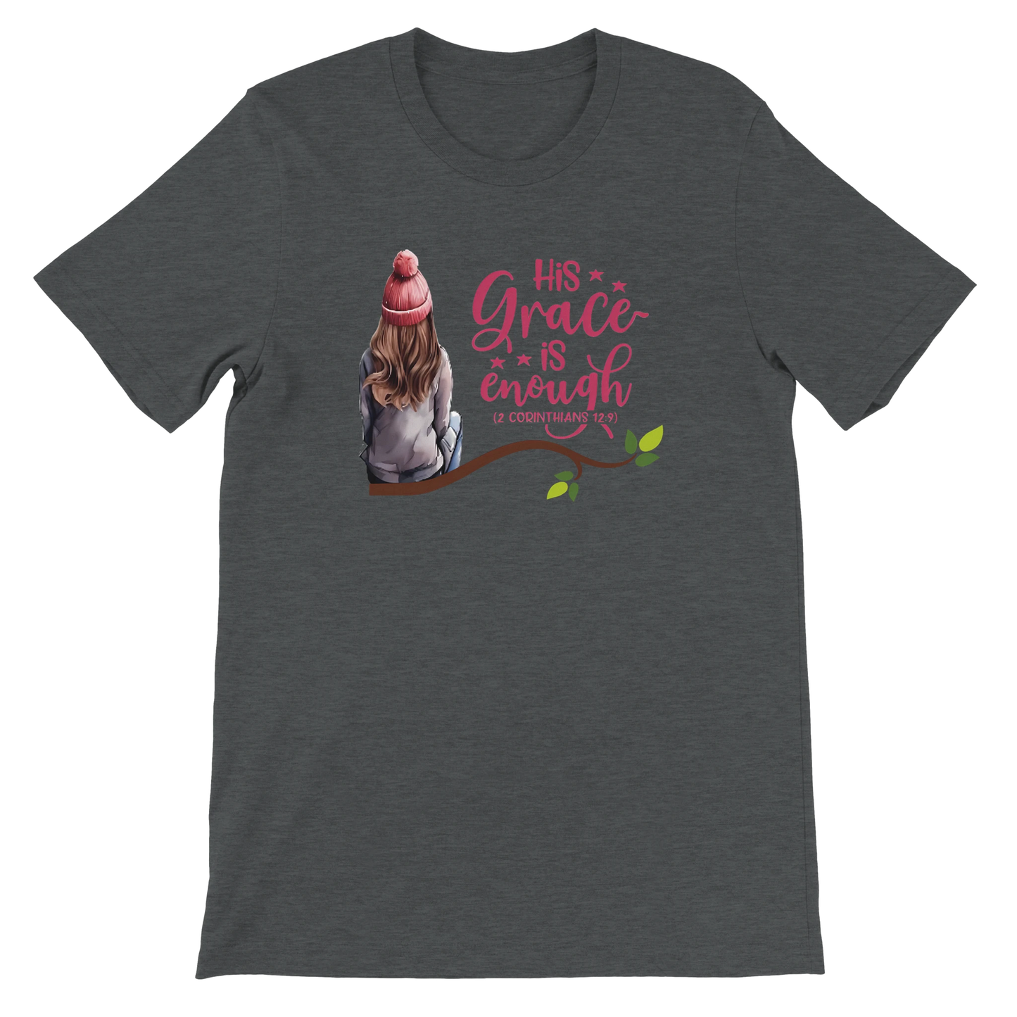 Dark gray t-shirt with a graphic of a person sitting under a tree and text 'His grace is enough to overcome it' on a white background.