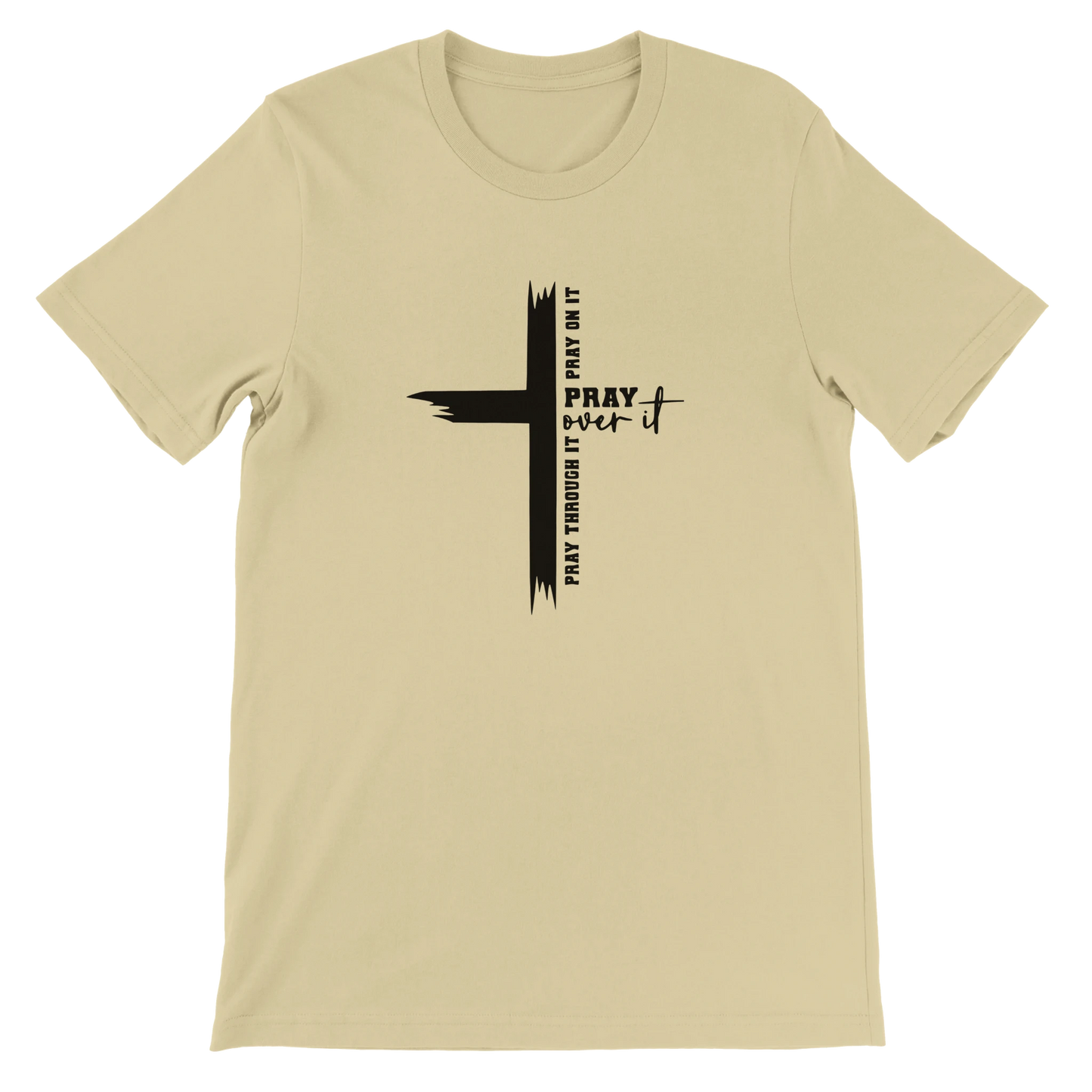 Beige t-shirt with a black cross design and text on a white background