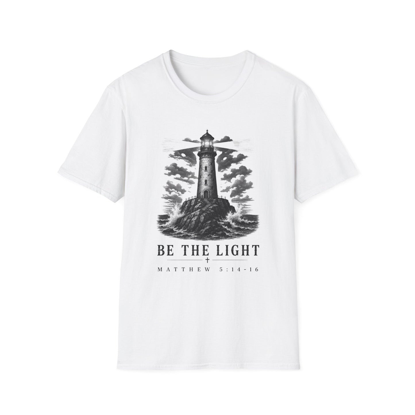 Be the Light Christian T-Shirt | Matthew 5:14-16 Lighthouse Faith Tee Printify