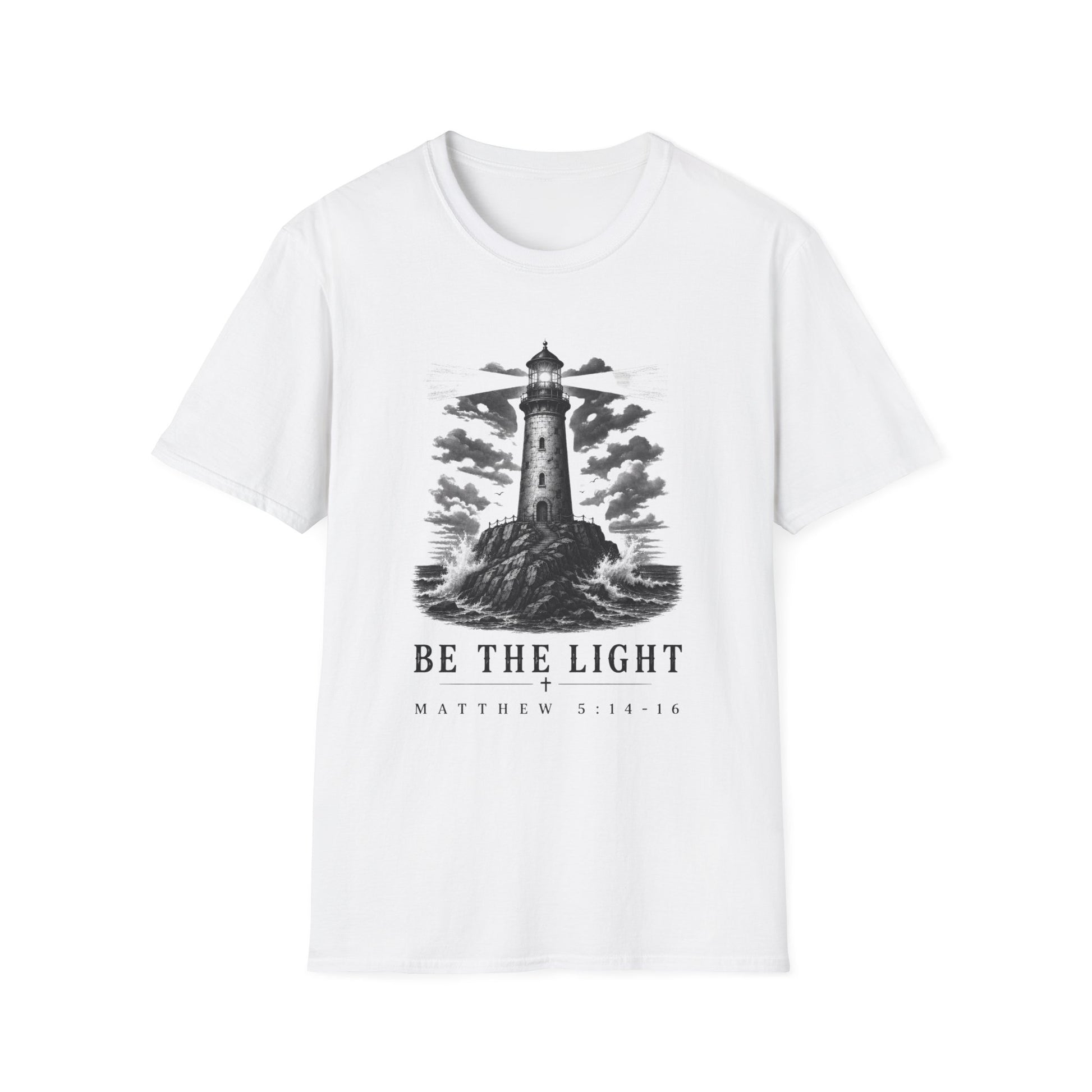 Be the Light Christian T-Shirt | Matthew 5:14-16 Lighthouse Faith Tee Printify