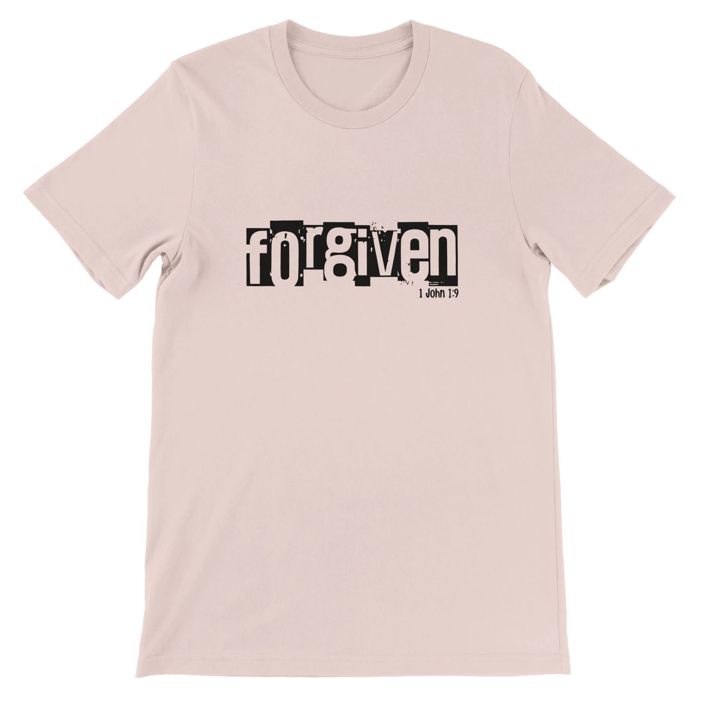 soft pink t-shirt with 'forgiven' text