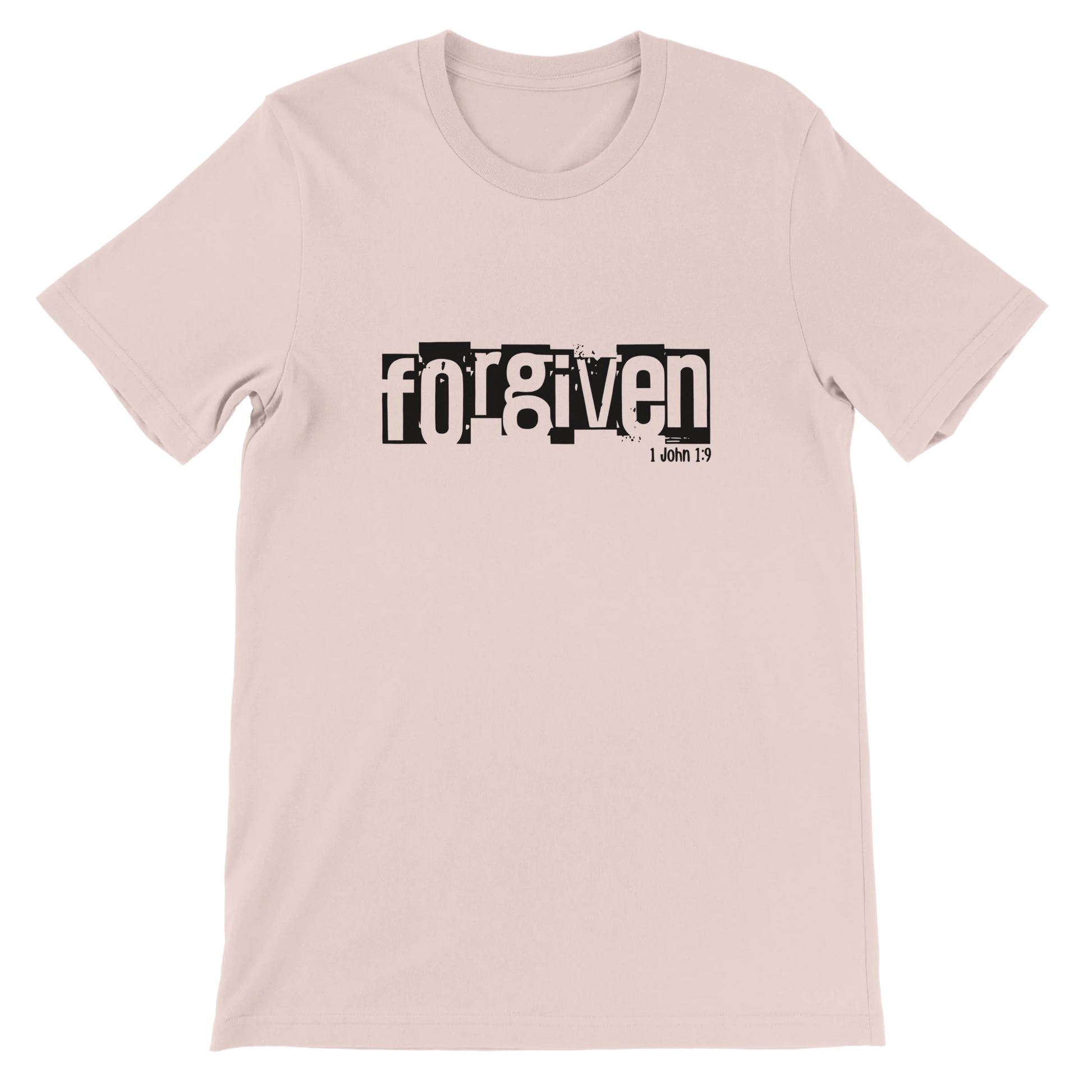 soft pink t-shirt with 'forgiven' text