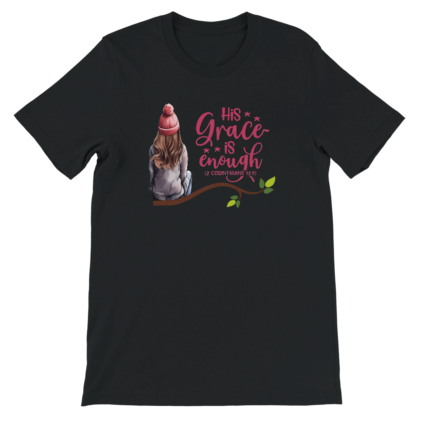 Black t-shirt with a graphic of a young girl in a pink hat and text 'His Grace is enough