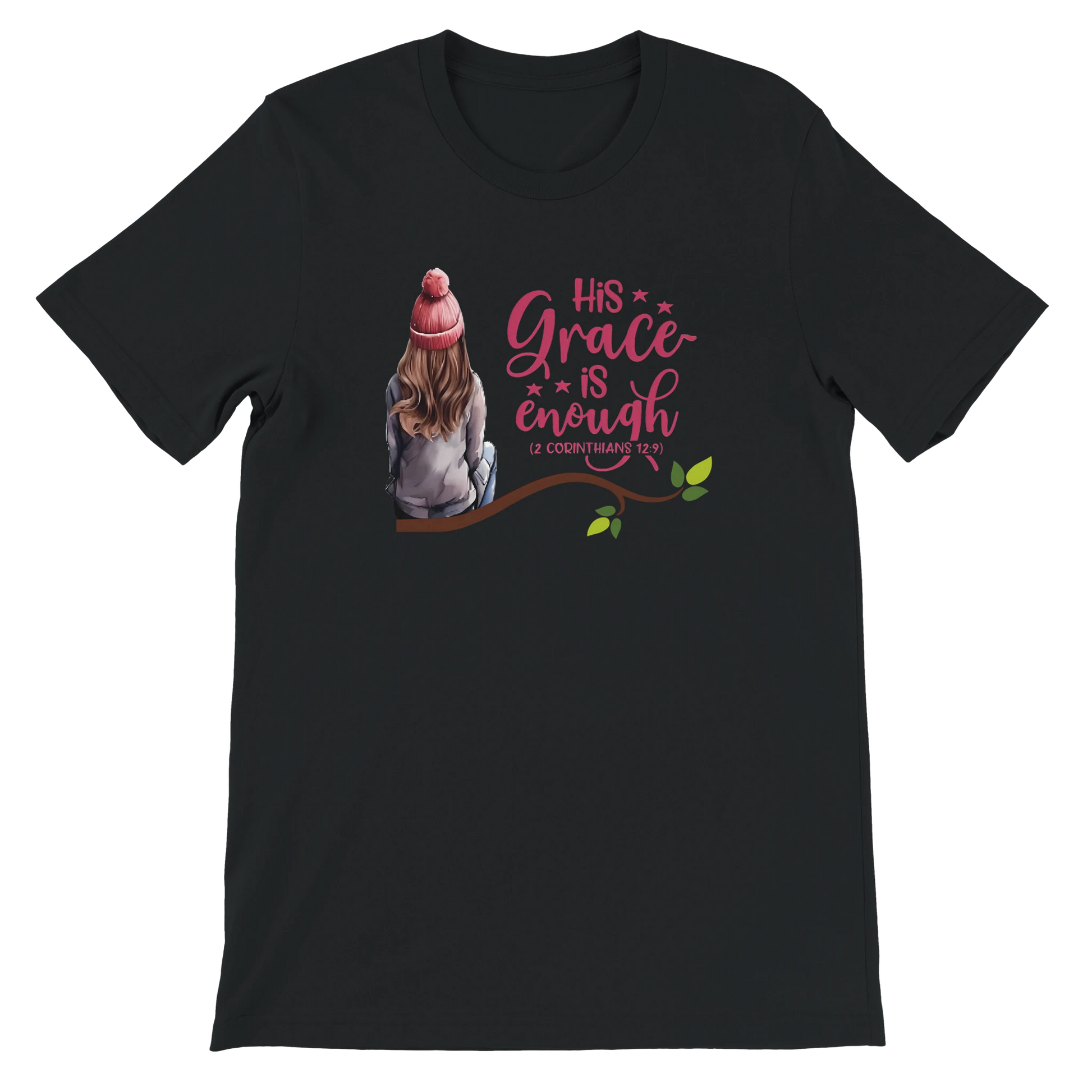 Black t-shirt with a graphic of a young girl in a pink hat and text 'His Grace is enough