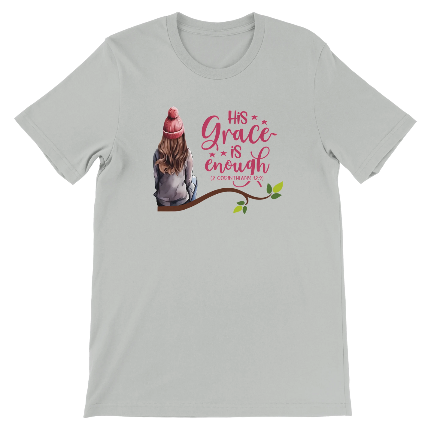 Gray t-shirt with a graphic of a girl in a pink hat and 'His Grace is Enough' text on a white background