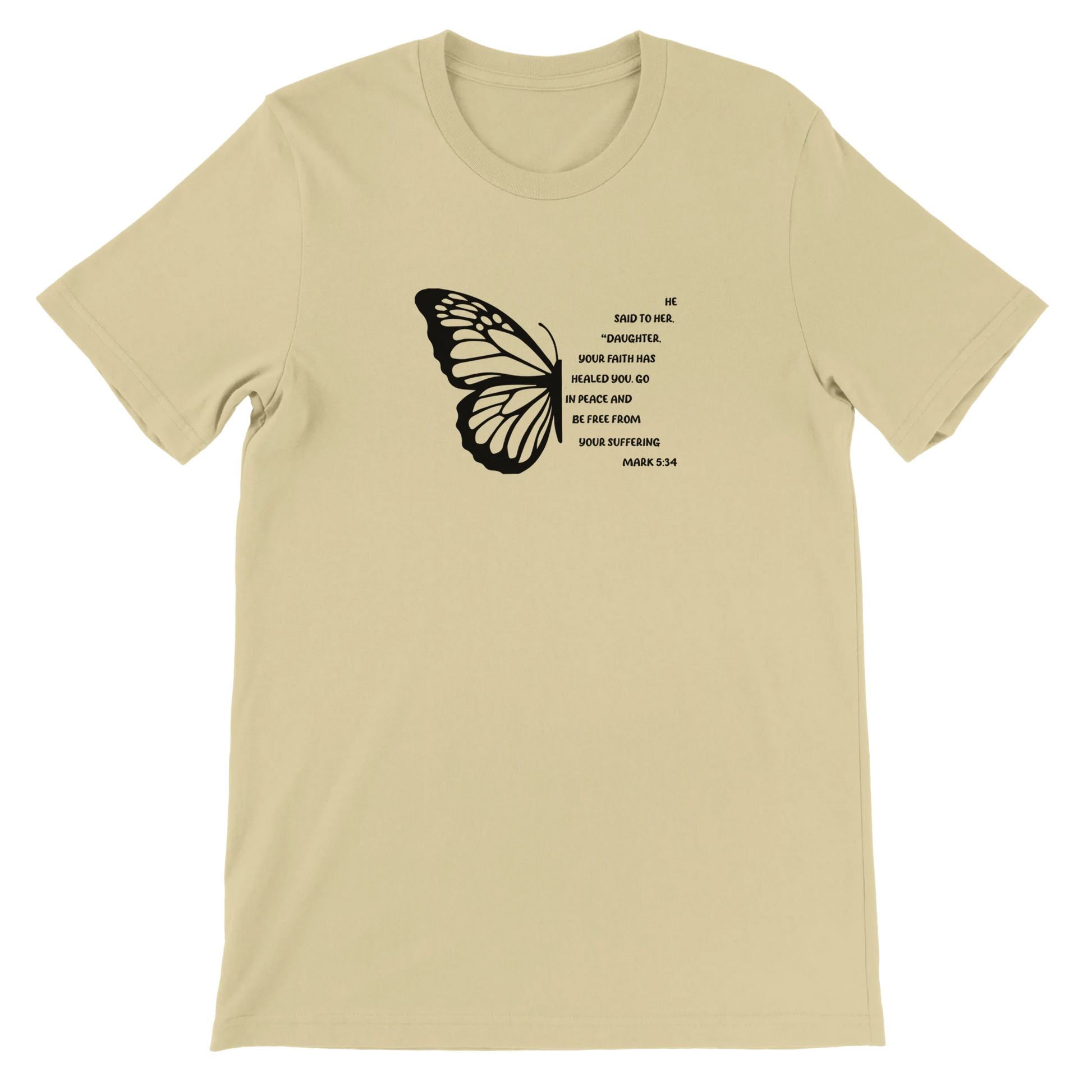Minimalist Christian Mark 5:34 Butterfly Text Design Natural T-Shirt – Unisex Fit - Breaking Bread Designs