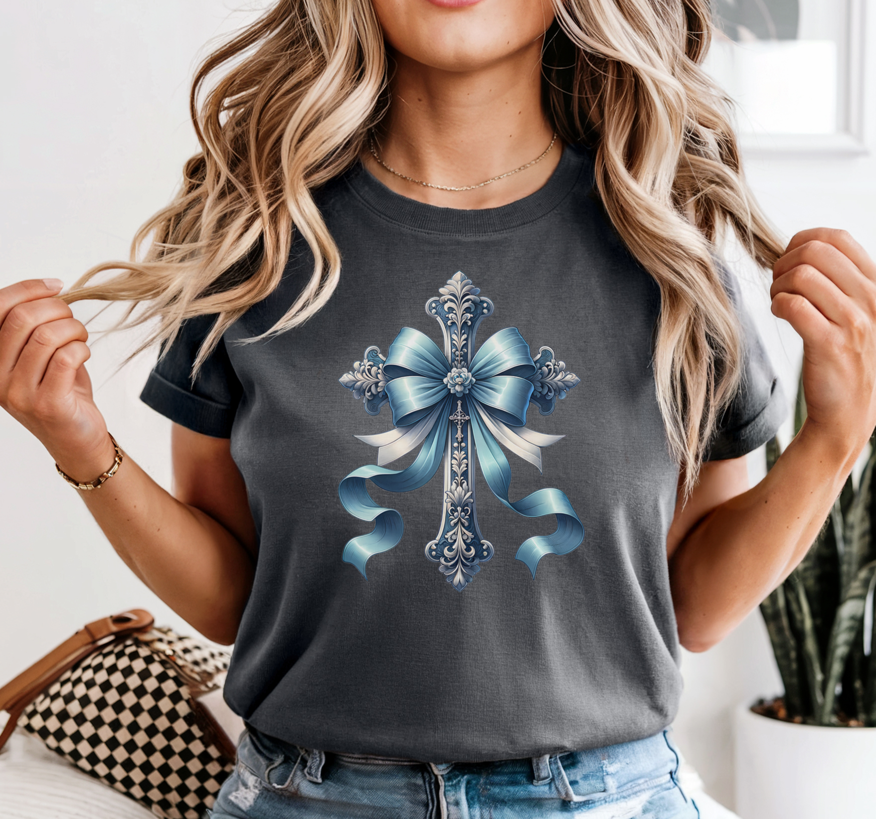 Christian Cross Ribbon T-Shirt – Ornate Crucifix Design for Believers Breaking Bread Designs