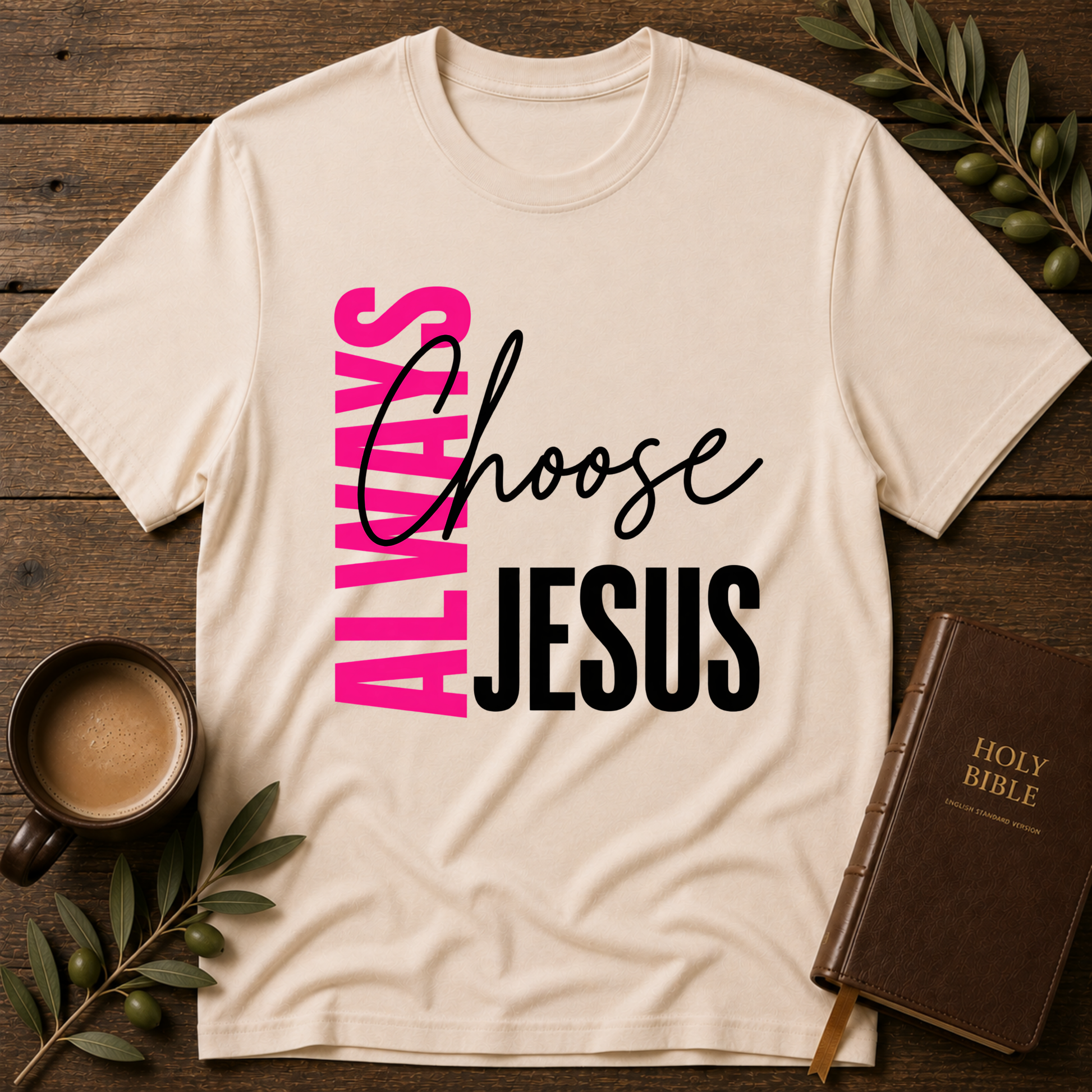 A cream-colored short-sleeve t-shirt with a graphic reading 'ALWAYS Choose JESUS' in pink, black, and white, styled in a flat-lay on a dark wood background with a coffee cup, green leaves, and a Holy Bible.