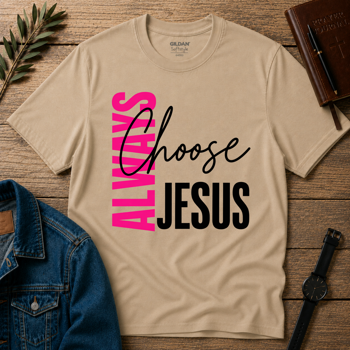 A beige Gildan t-shirt with a graphic reading 'ALWAYS Choose JESUS' in pink and black, styled in a flat-lay on a wooden background with a denim jacket, notebook, watch, and greenery.