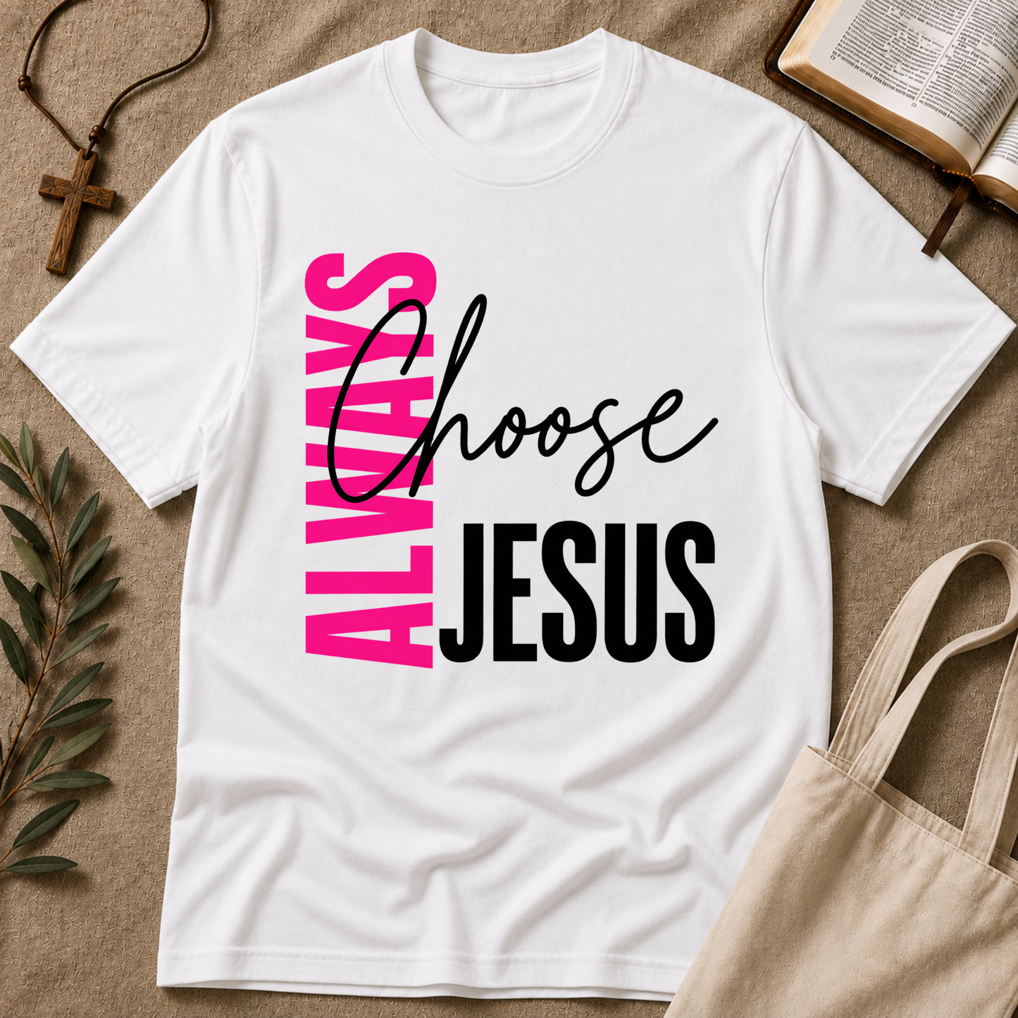 A white short-sleeve graphic T-shirt laid flat on a beige fabric surface, with the phrase 'ALWAYS Choose JESUS' printed in pink and black. The shirt is styled with a cross necklace, an open book, a leafy sprig, and a canvas tote bag around it.