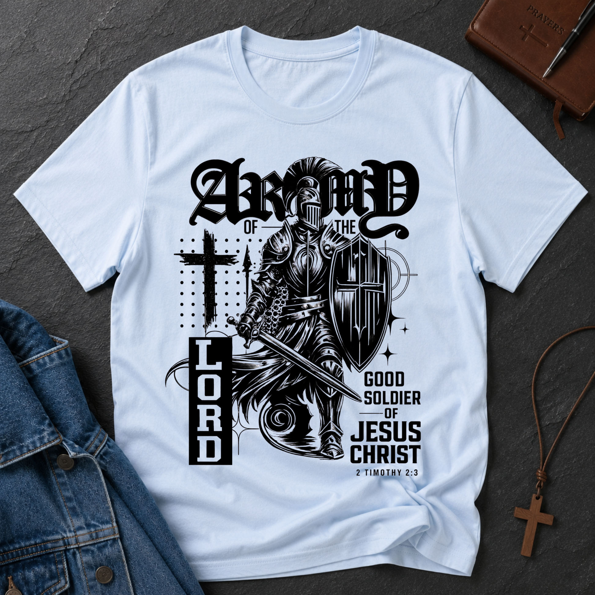 Light Blue Army of the Lord Christian T-shirt with Christian warrior artwork celebrating spiritual strength in Christ.