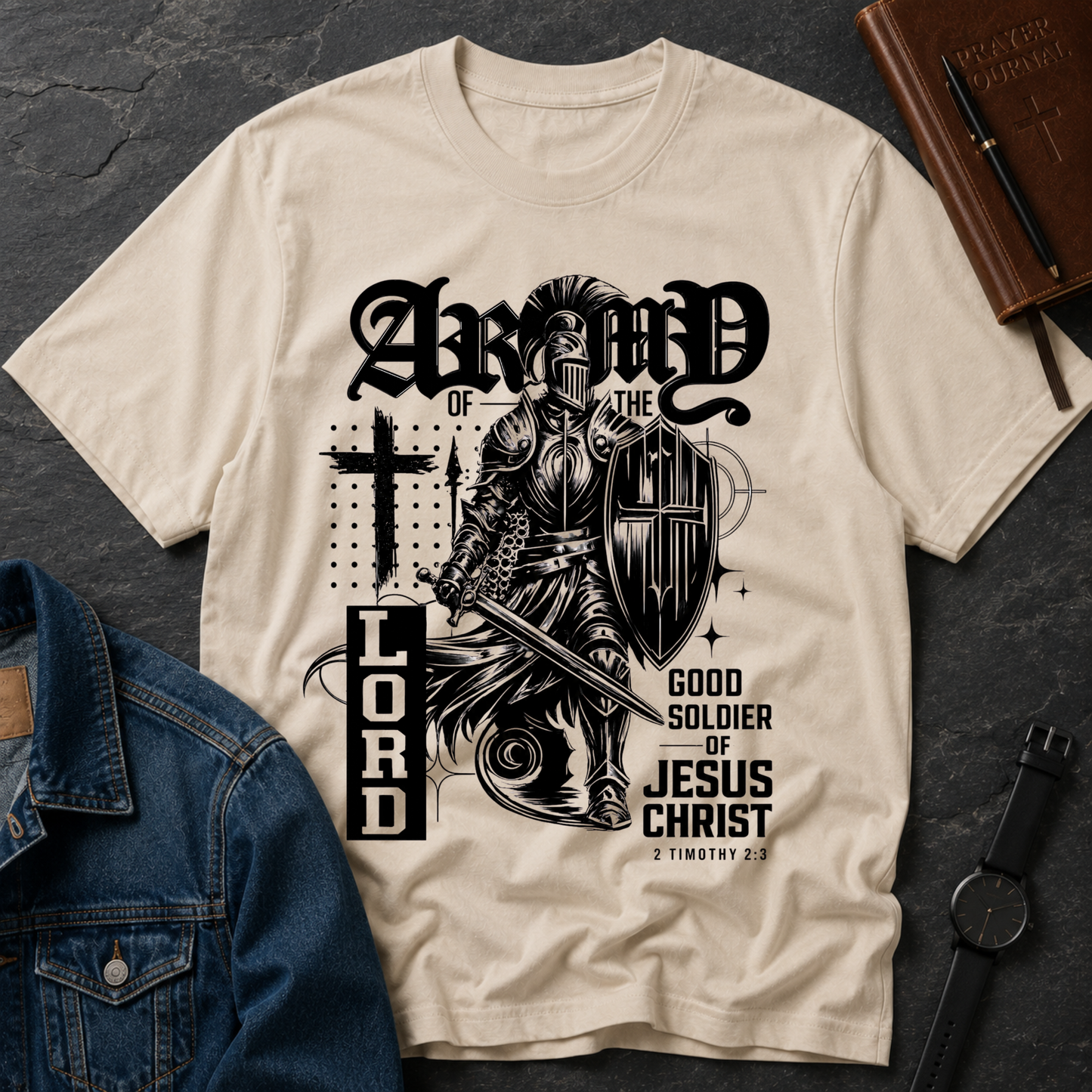 Sand Army of the Lord Christian T-shirt with Christian warrior artwork and Good Soldier of Jesus Christ message.