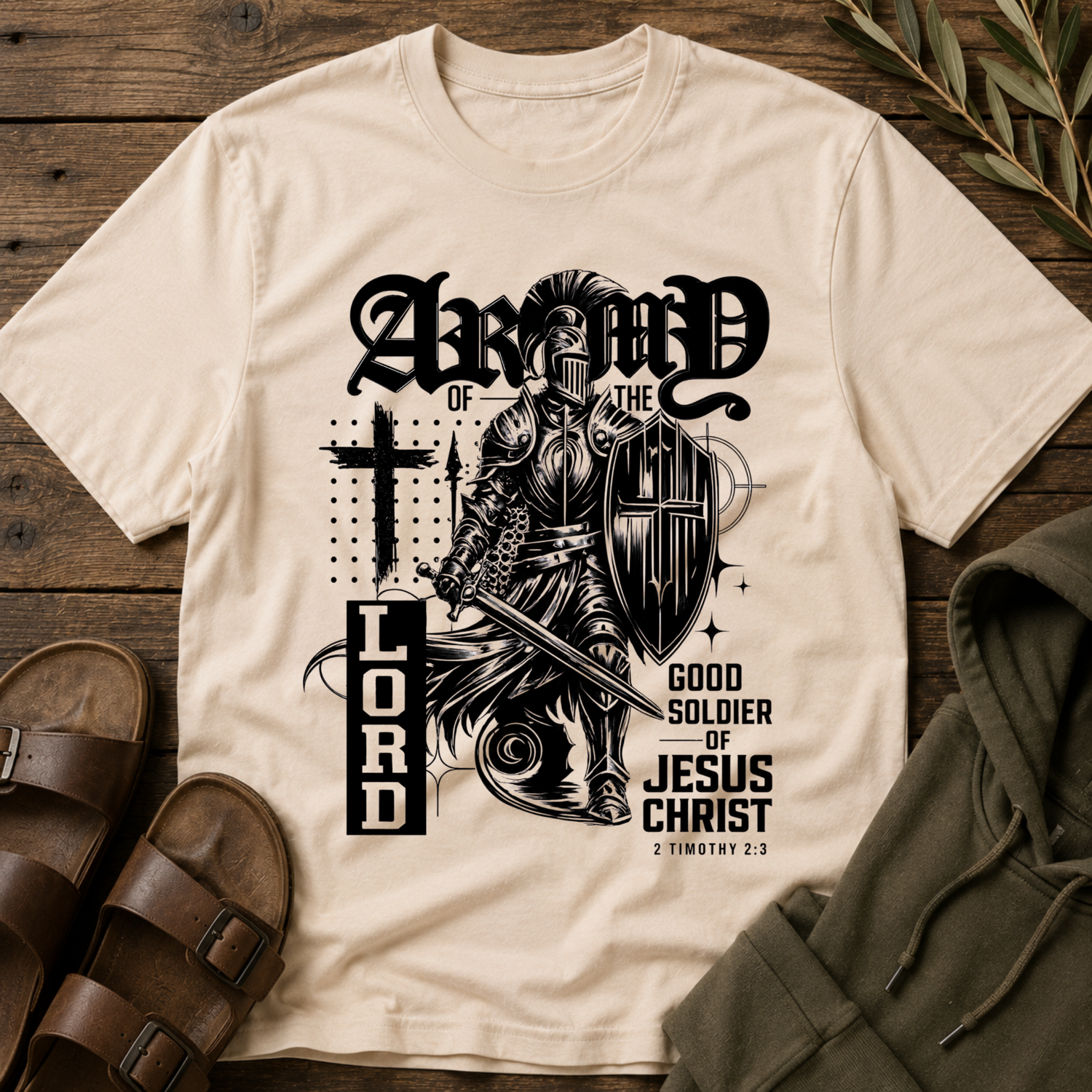 Beige t-shirt with a black graphic design featuring a knight and text on a wooden surface.