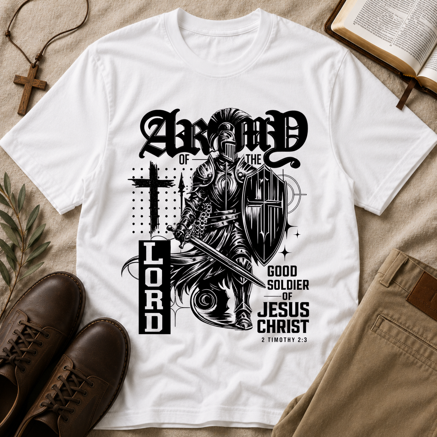 White Army of the Lord Christian T-shirt featuring a Christian warrior design inspired by 2 Timothy 2:3