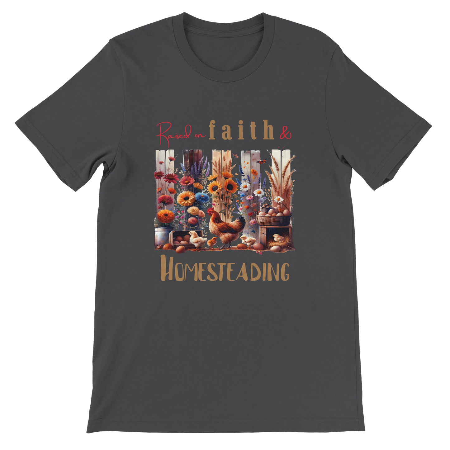 Raised on Faith and Homesteading Christian T-Shirt – Religious Graphic Charcoal Tee - Breaking Bread Designs