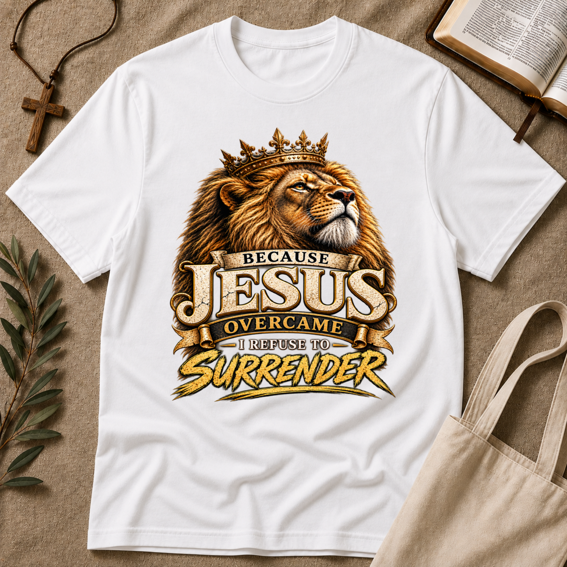 Because Jesus Overcame I Refuse to Surrender Christian T-Shirt | Lion of Judah Faith Tee Breaking Bread Designs
