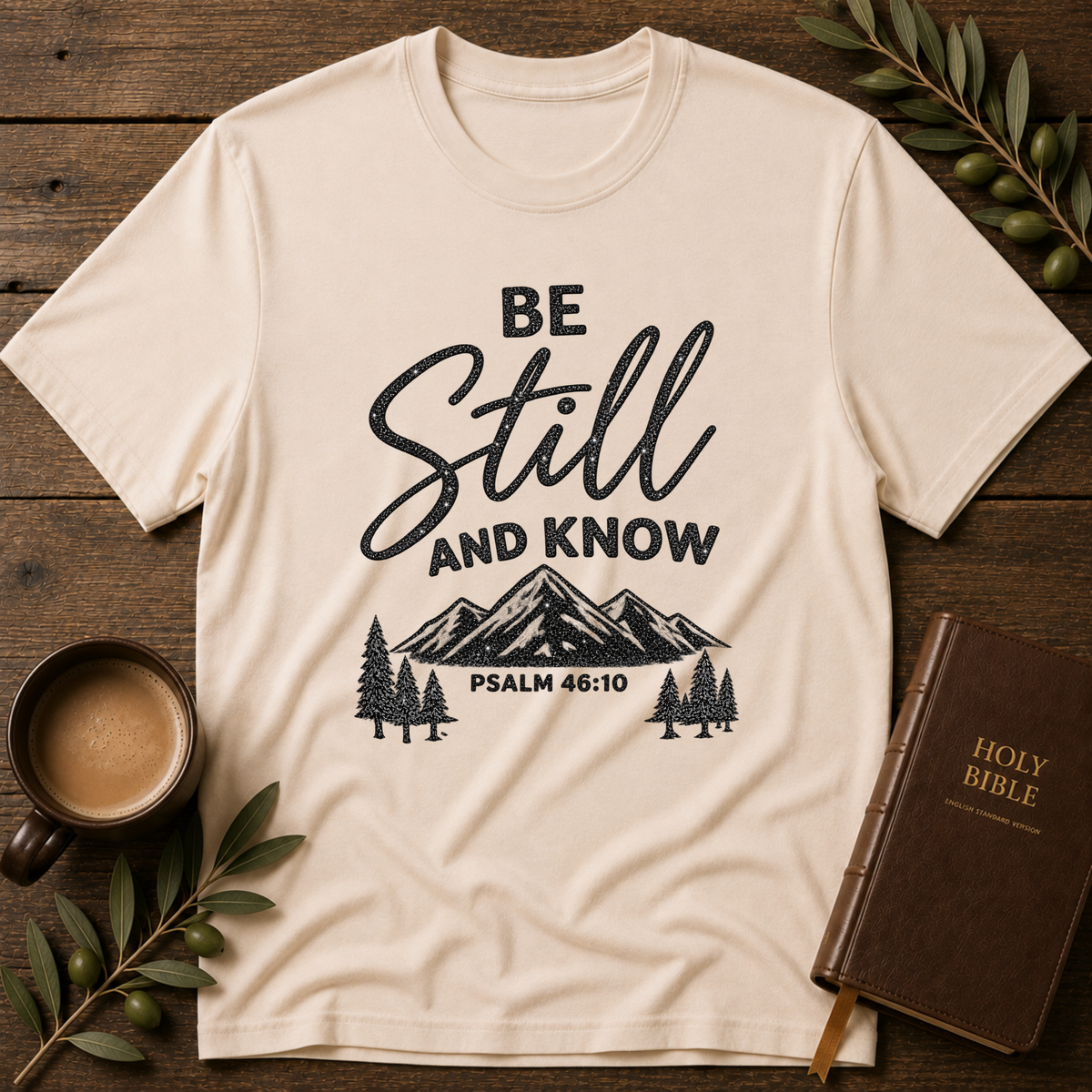 Be Still and Know Christian T-Shirt | Psalm 46:10 Mountain Faith Tee Breaking Bread Designs
