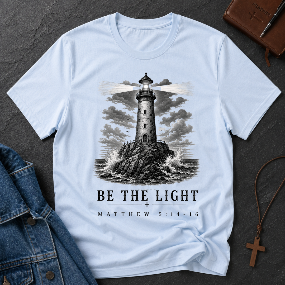 Be the Light Christian T-Shirt | Matthew 5:14-16 Lighthouse Faith Tee Breaking Bread Designs