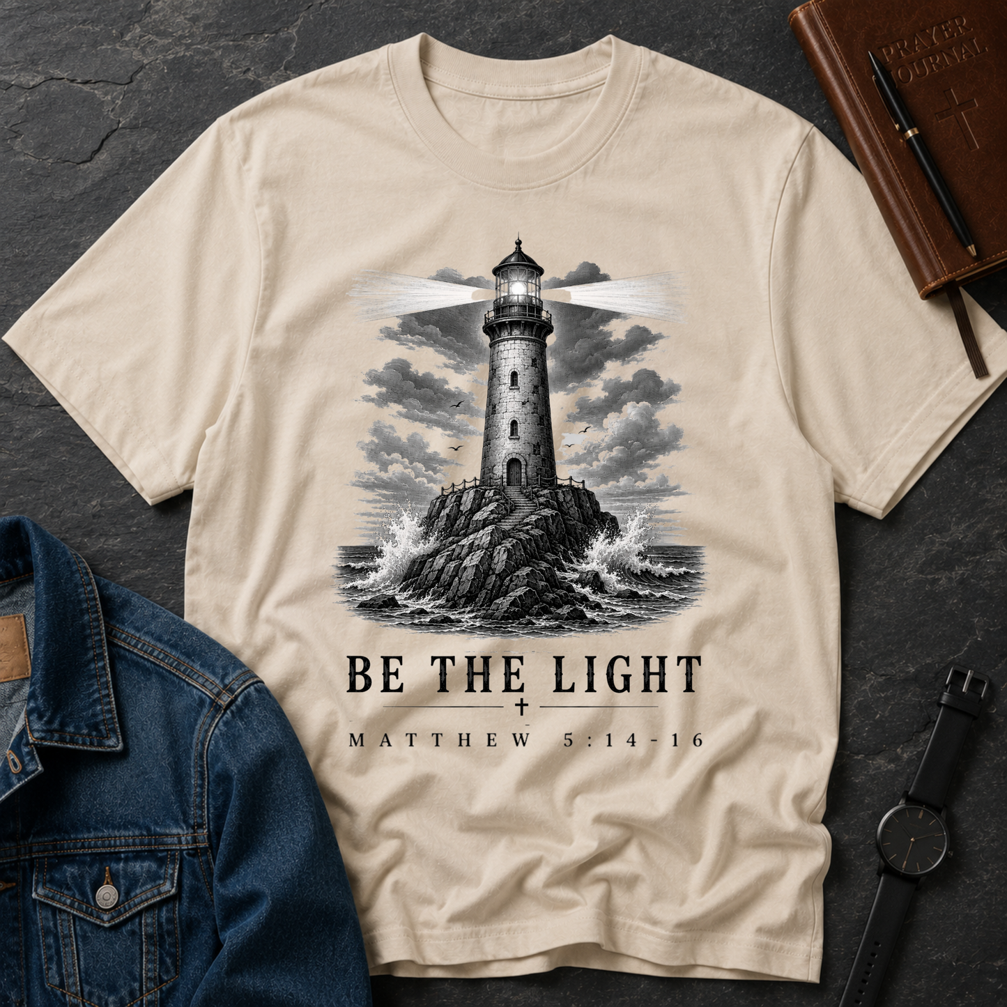 Be the Light Christian T-Shirt | Matthew 5:14-16 Lighthouse Faith Tee Breaking Bread Designs