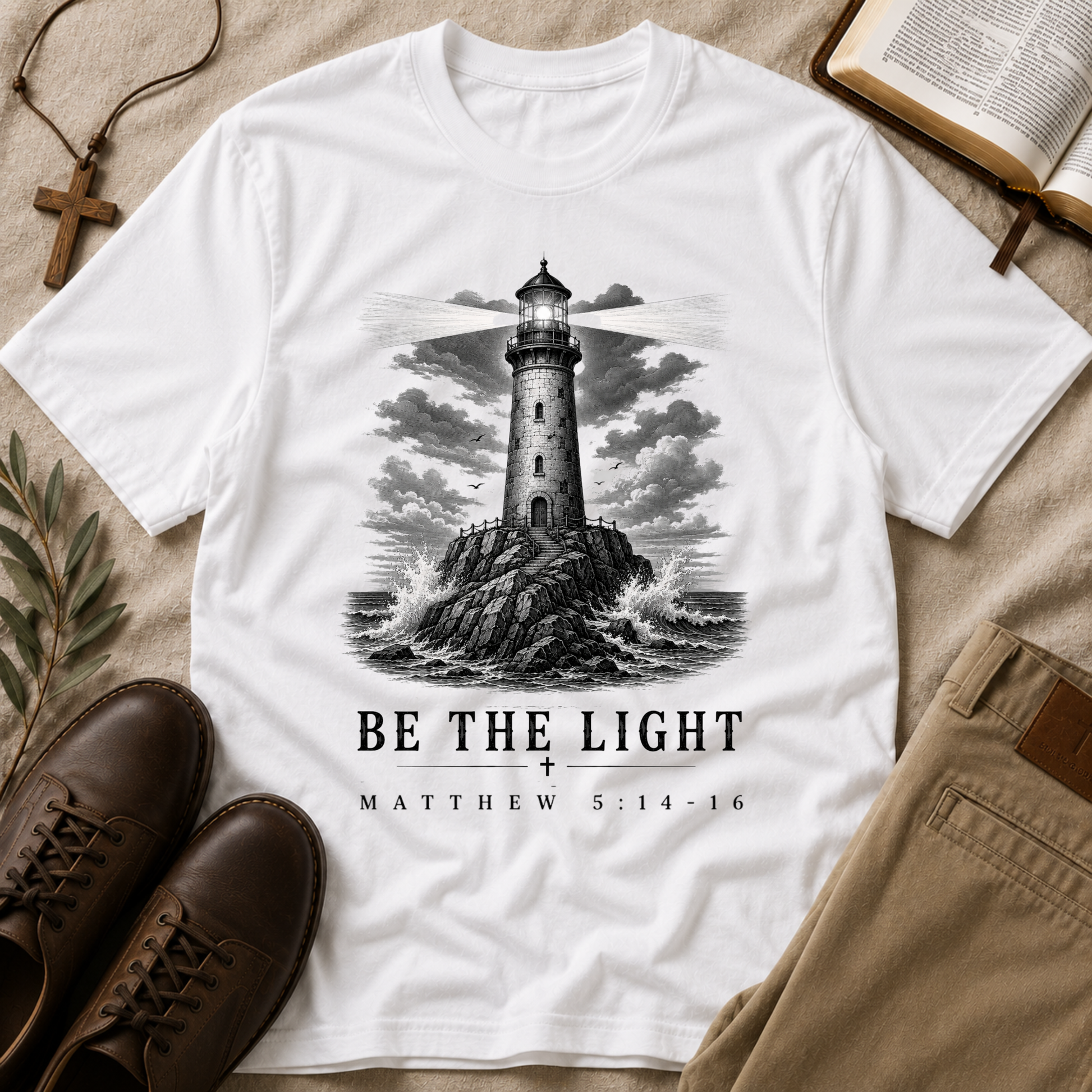 Be the Light Christian T-Shirt | Matthew 5:14-16 Lighthouse Faith Tee Breaking Bread Designs