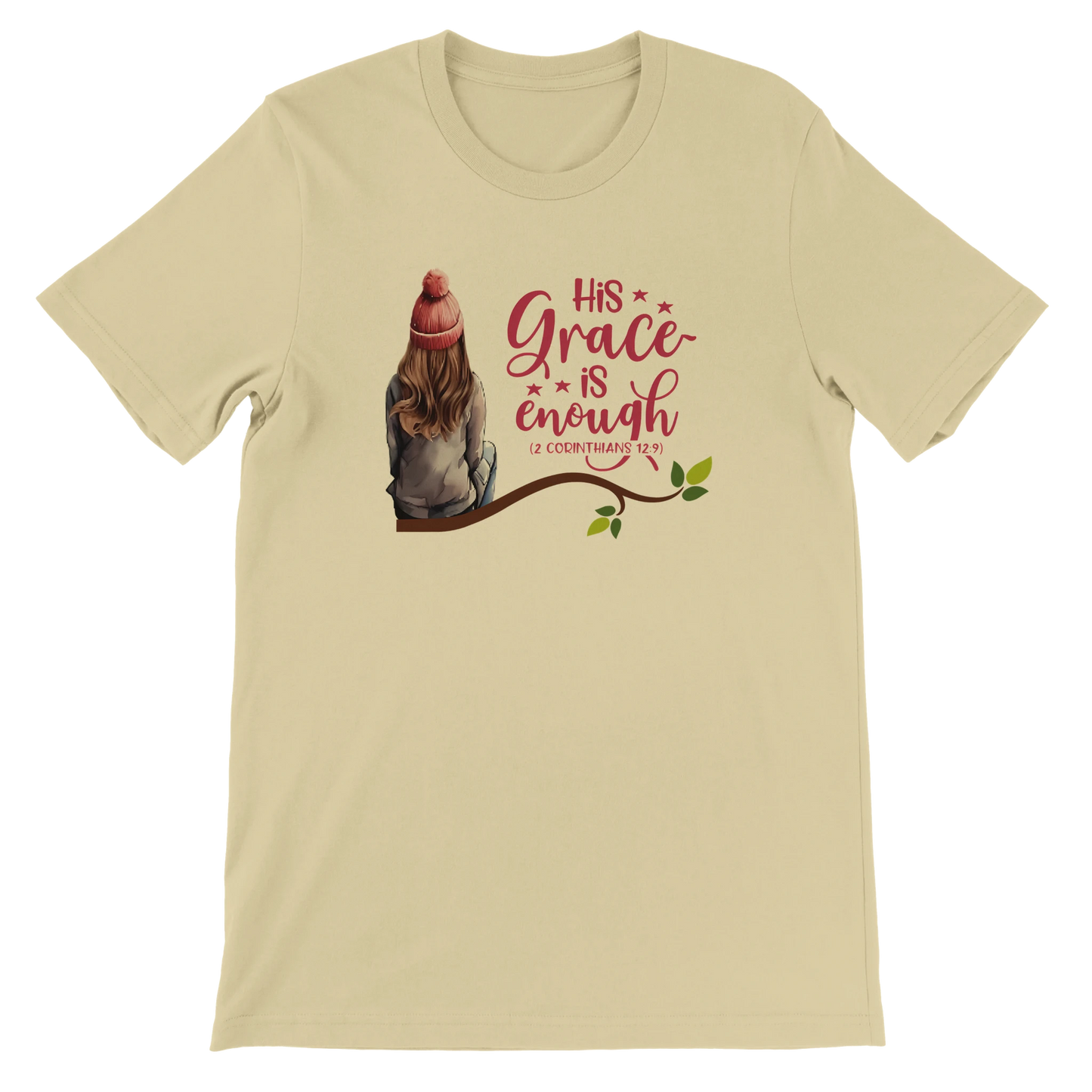 Natural t-shirt with a graphic of a christian girl sitting on a branch with the text 'His Grace is Enough' 