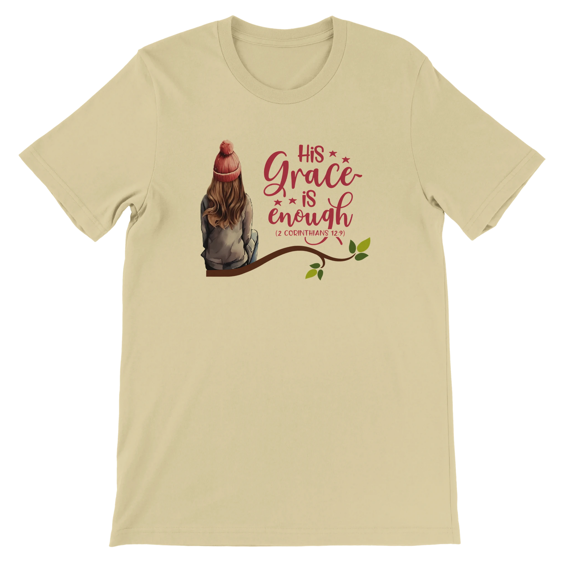 Natural t-shirt with a graphic of a christian girl sitting on a branch with the text 'His Grace is Enough' 