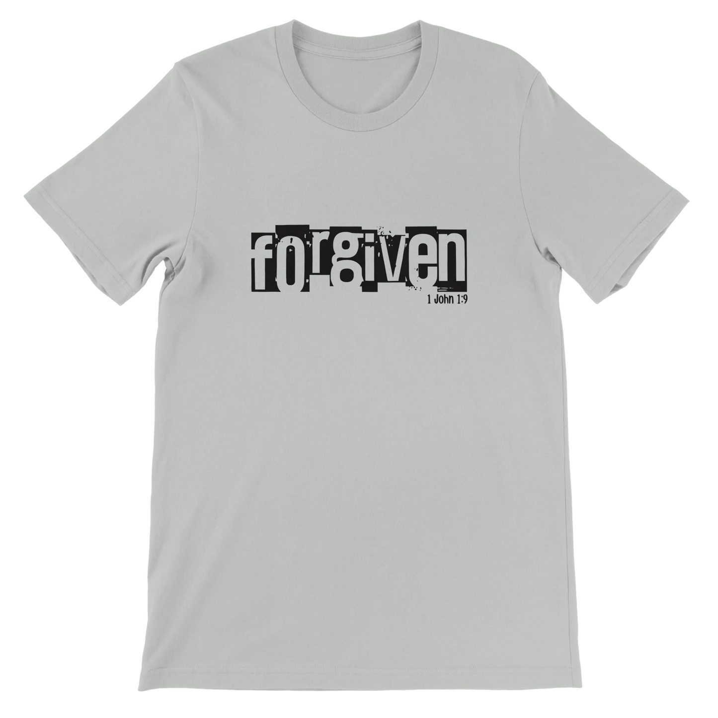 Gray t-shirt with 'forgiven' text on a white background