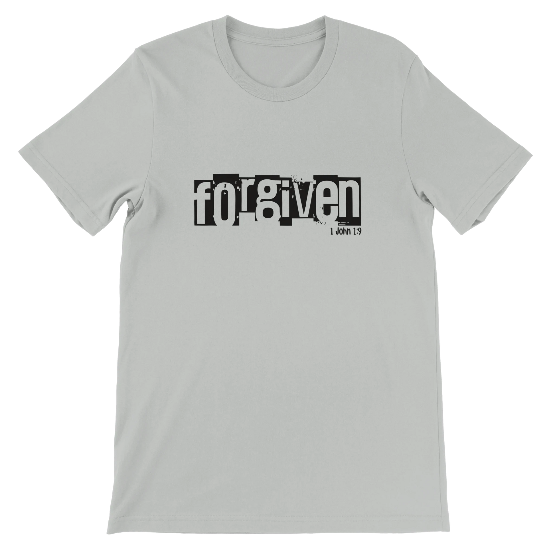 Gray t-shirt with 'forgiven' text on a white background