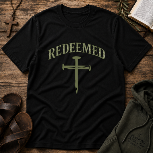 REDEEMED Christian T-Shirt | Cross & Nails Faith Graphic Tee | Inspirational Christian Apparel Breaking Bread Designs