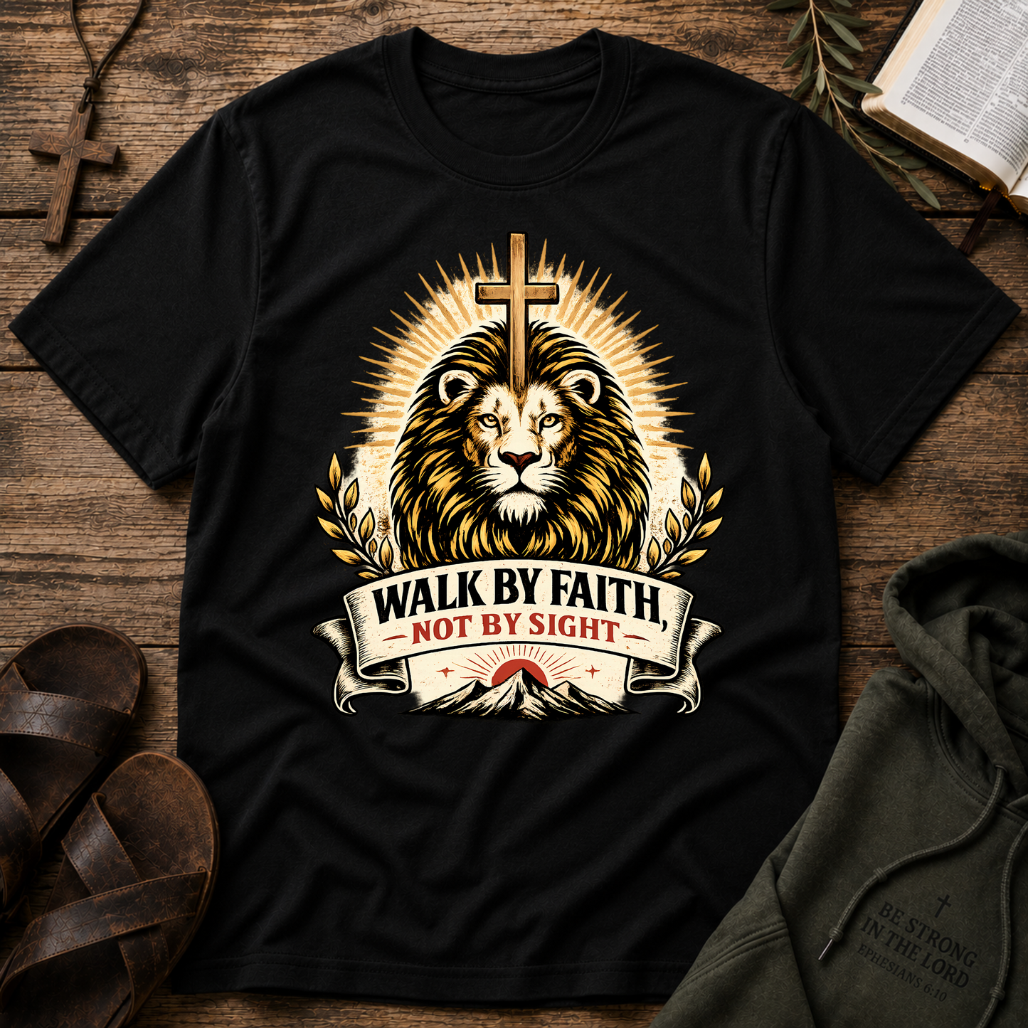 Walk By Faith Not By Sight Christian T-Shirt | Lion of Judah Faith Graphic Tee | 2 Corinthians 5:7 Christian Shirt Breaking Bread Designs