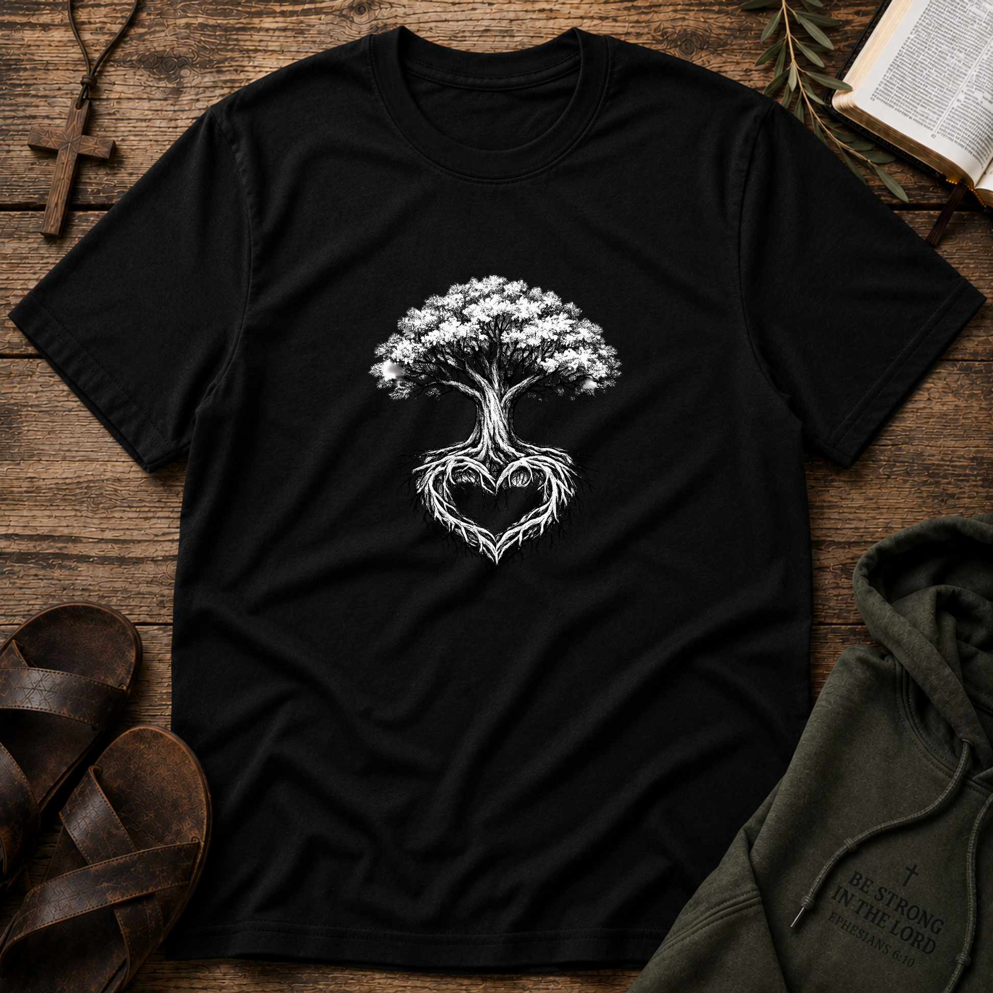 Tree of Life Christian T-Shirt | Heart Root Faith Graphic Tee | Biblical Tree of Life Inspirational Christian Shirt Breaking Bread Designs