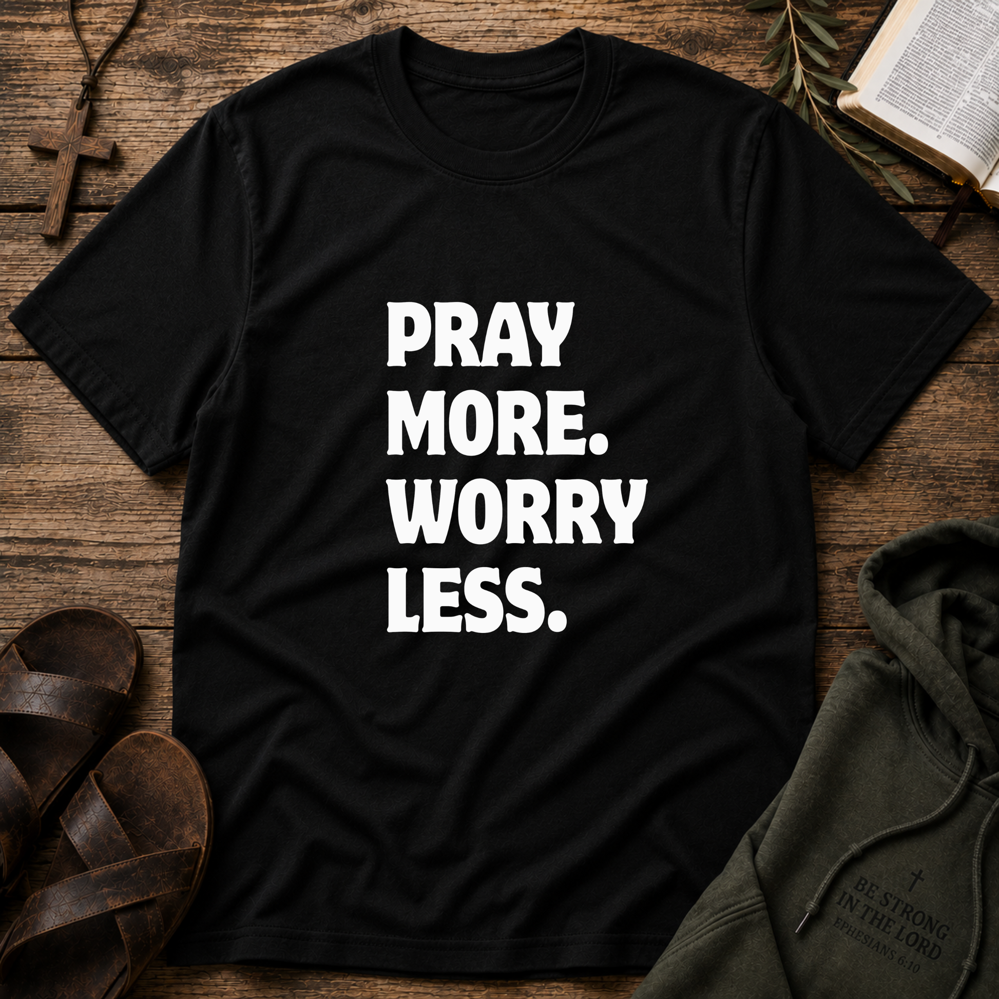 Pray More Worry Less Christian T-Shirt | Inspirational Faith Graphic Tee | Trust God Christian Apparel Breaking Bread Designs