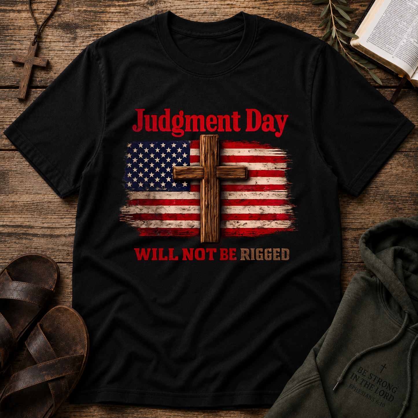Judgment Day Will Not Be Rigged T-Shirt | Christian Patriotic Cross USA Flag Faith Graphic Tee Breaking Bread Designs