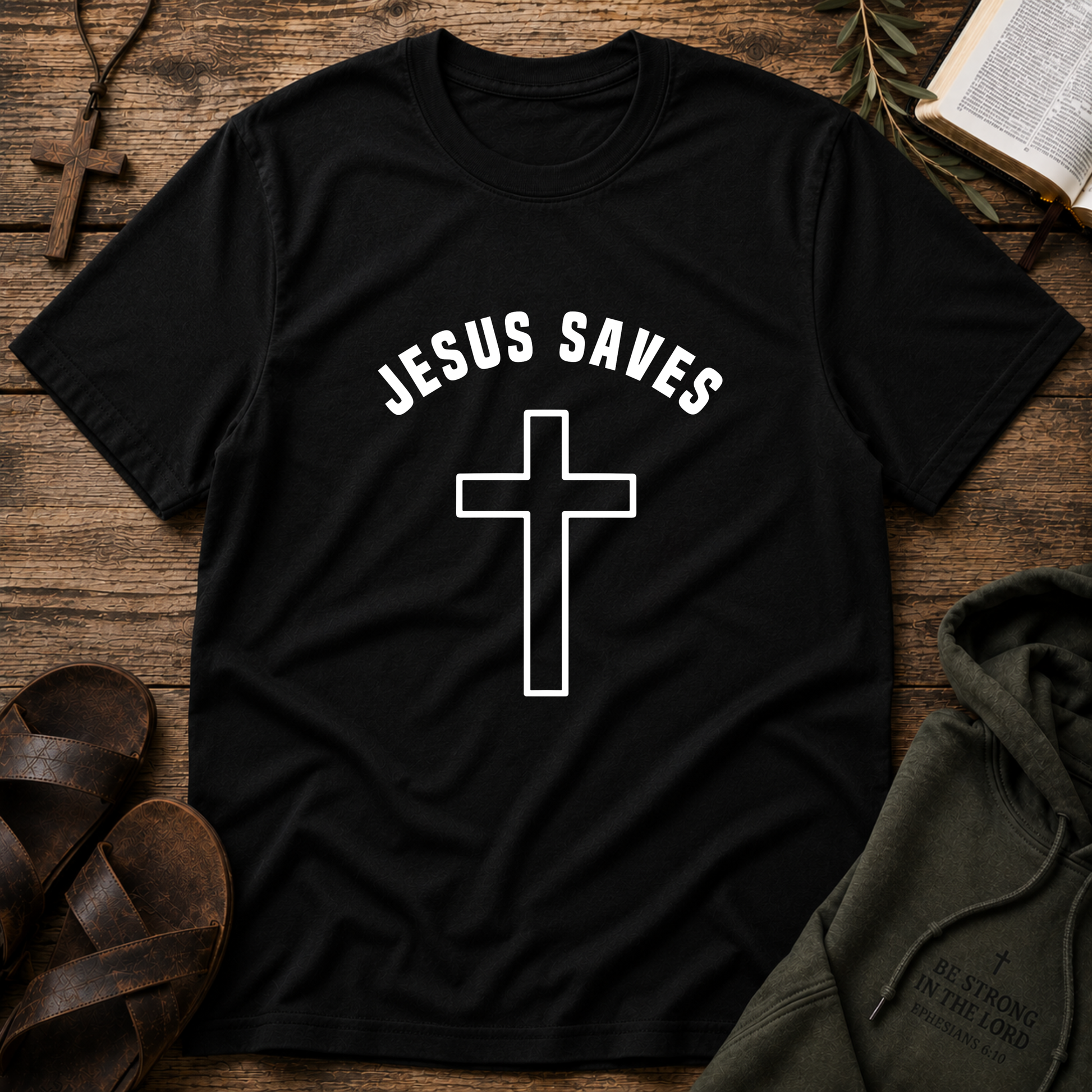 Jesus Saves Christian T-Shirt | Minimalist Cross Faith Graphic Tee | Inspirational Christian Apparel Breaking Bread Designs