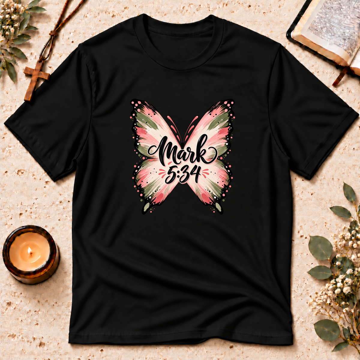 Mark 5:34 Christian Butterfly Healing T-Shirt Breaking Bread Designs