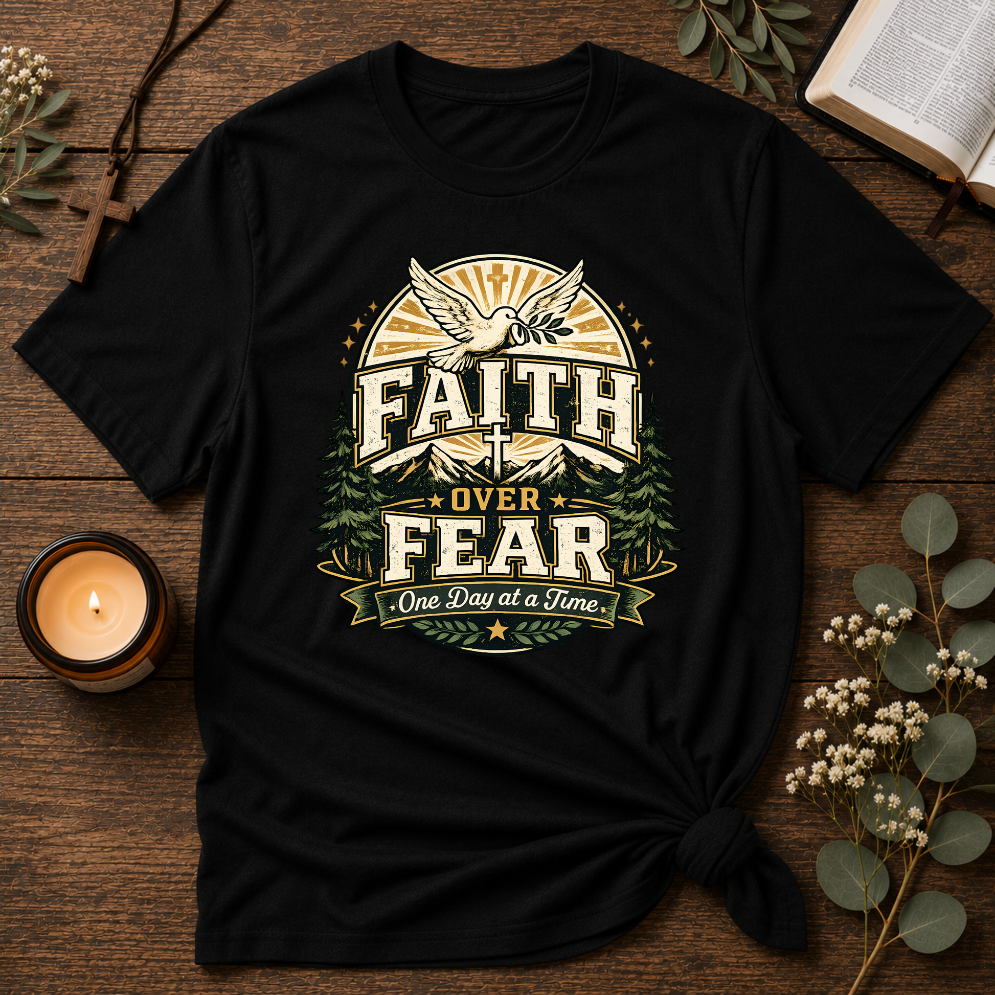 Faith Over Fear Christian T-Shirt | One Day at a Time Inspirational Faith Graphic Tee | Vintage Christian Apparel Breaking Bread Designs
