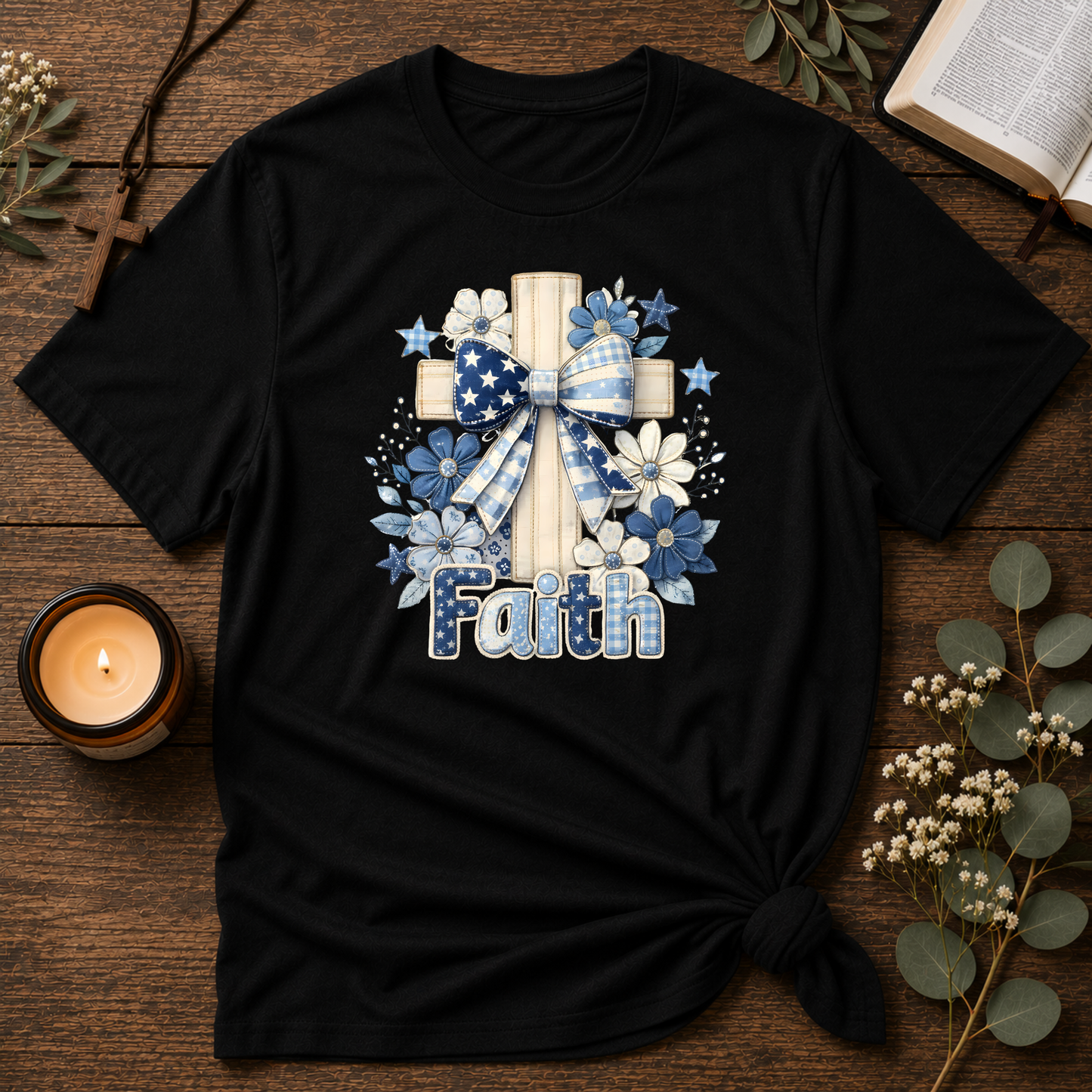 Faith Christian T-Shirt | Cute Embroidered Look Cross & Floral Graphic Tee | Patriotic Christian Coquette Shirt Breaking Bread Designs
