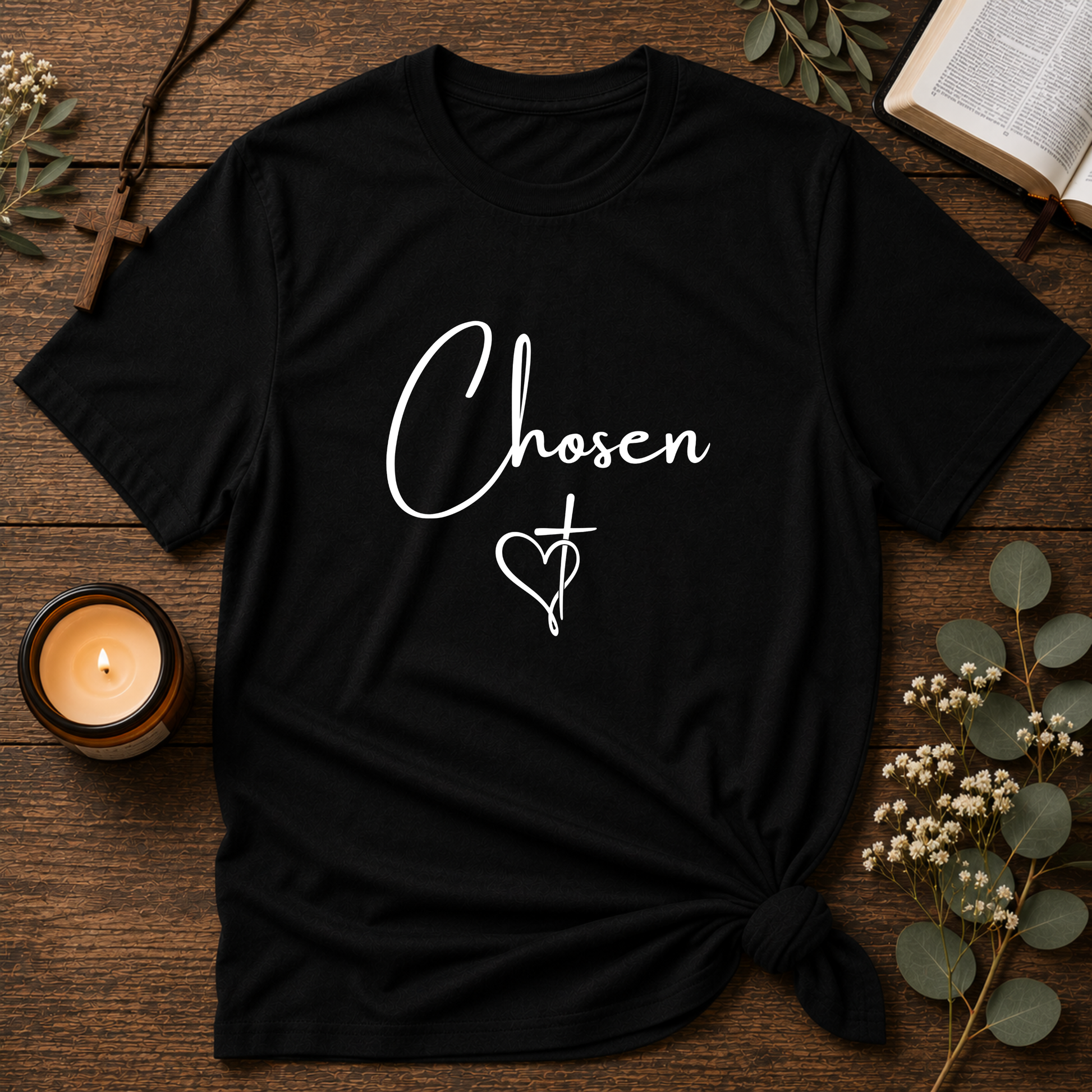 Chosen Christian T-Shirt | Minimalist Faith Script Graphic Tee | Cross Heart Jesus Christian Shirt Breaking Bread Designs