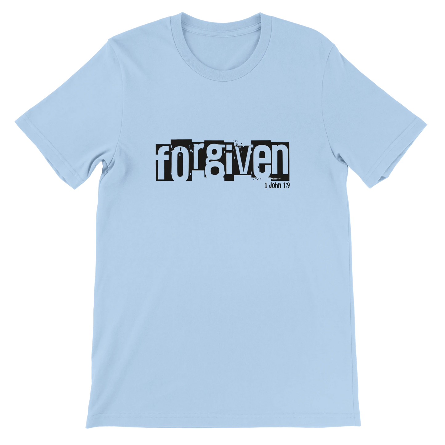 Light blue t-shirt with 'forgiven' text on a white background