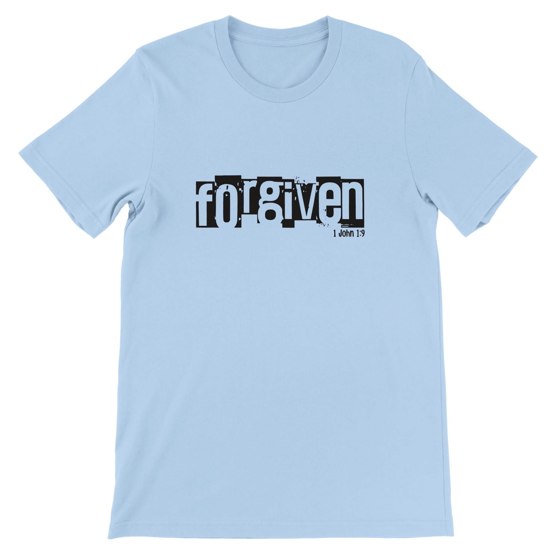 Light blue t-shirt with 'forgiven' text on a white background