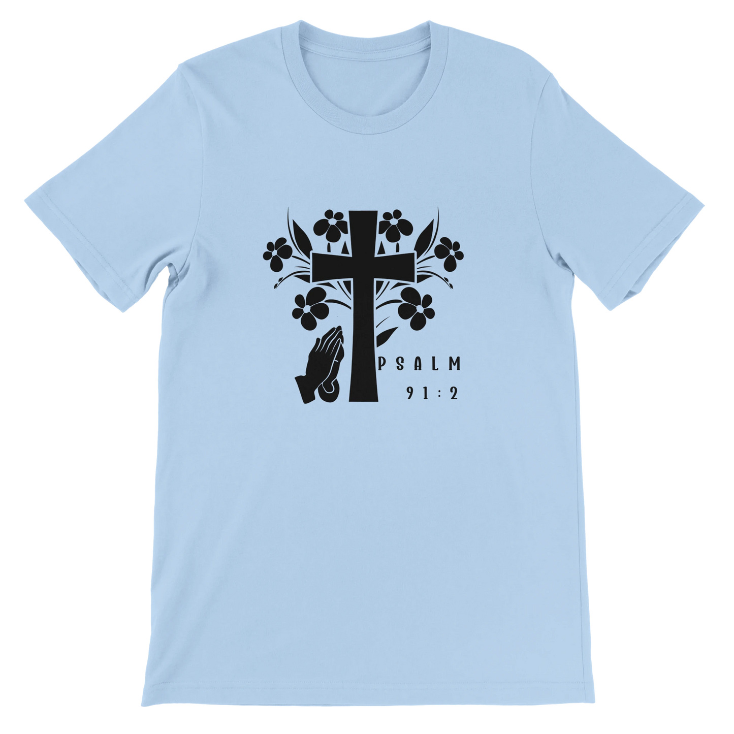 Light blue t-shirt with black cross and praying hands design on a white background