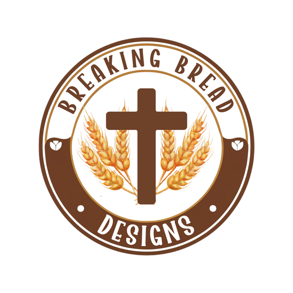Logo for 'Breaking Bread Designs' with a cross and wheat ears on a white background