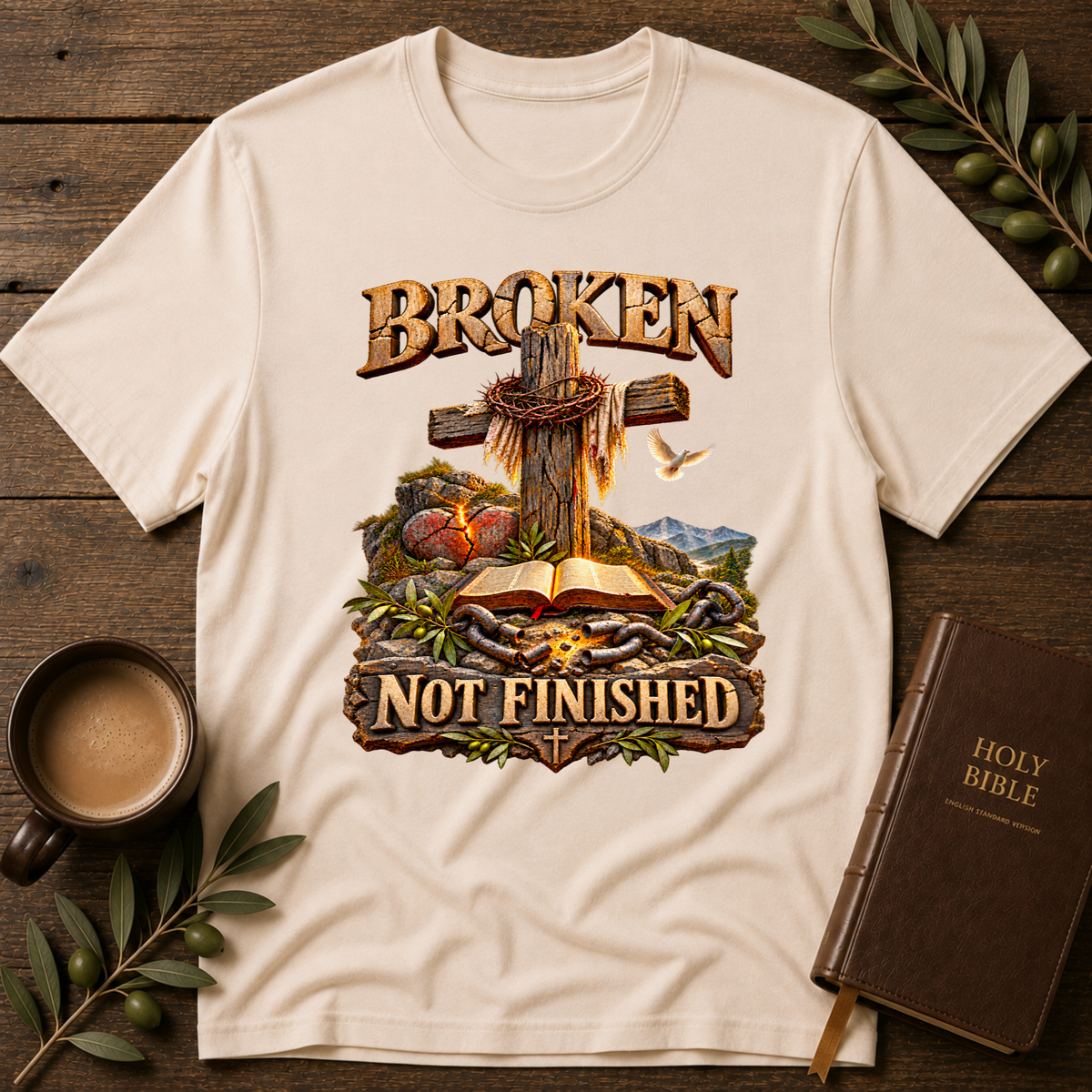 Broken Not Finished Christian T-Shirt | Faith & Hope Shirt Breaking Bread Designs