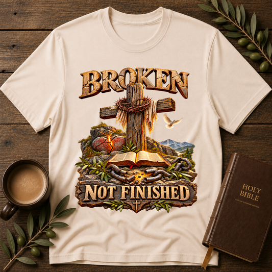 Broken Not Finished Christian T-Shirt | Faith & Hope Shirt Breaking Bread Designs