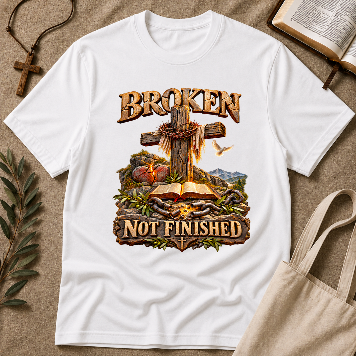 Broken Not Finished Christian T-Shirt | Faith & Hope Shirt Breaking Bread Designs