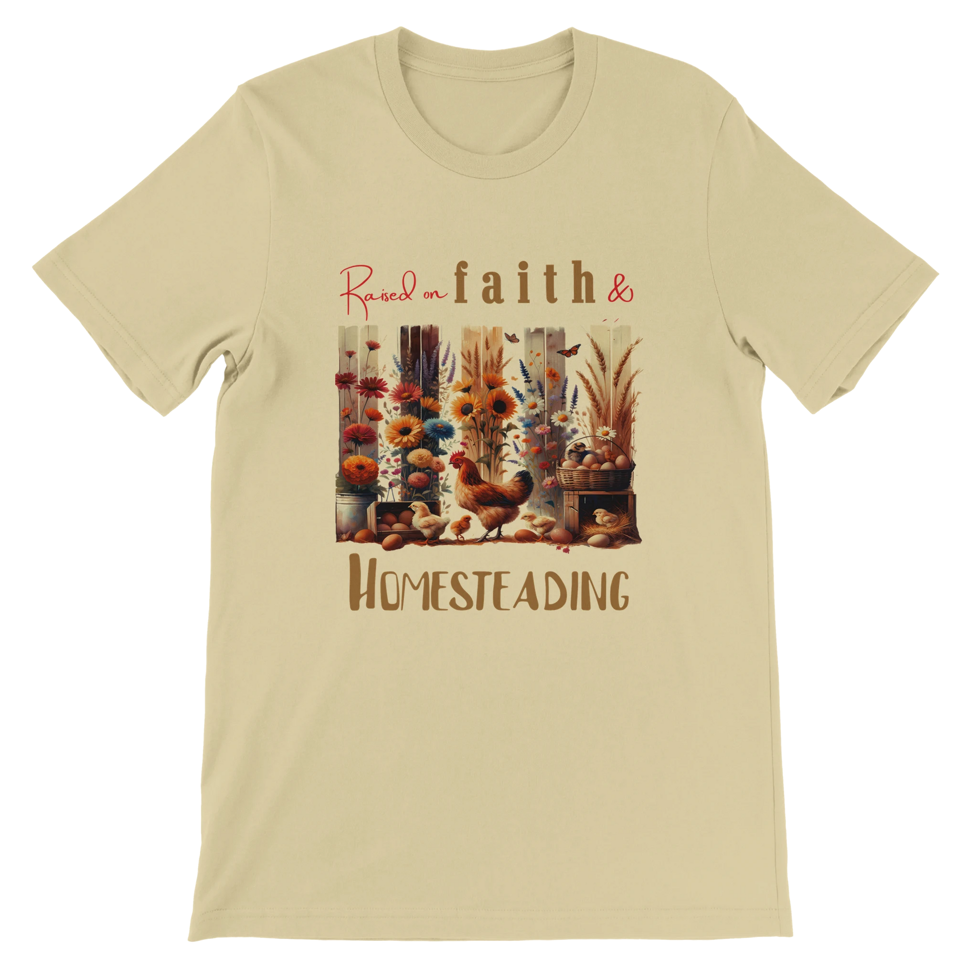 Raised on Faith and Homesteading Christian T-Shirt – Religious Graphic Natural Tee - Breaking Bread Designs