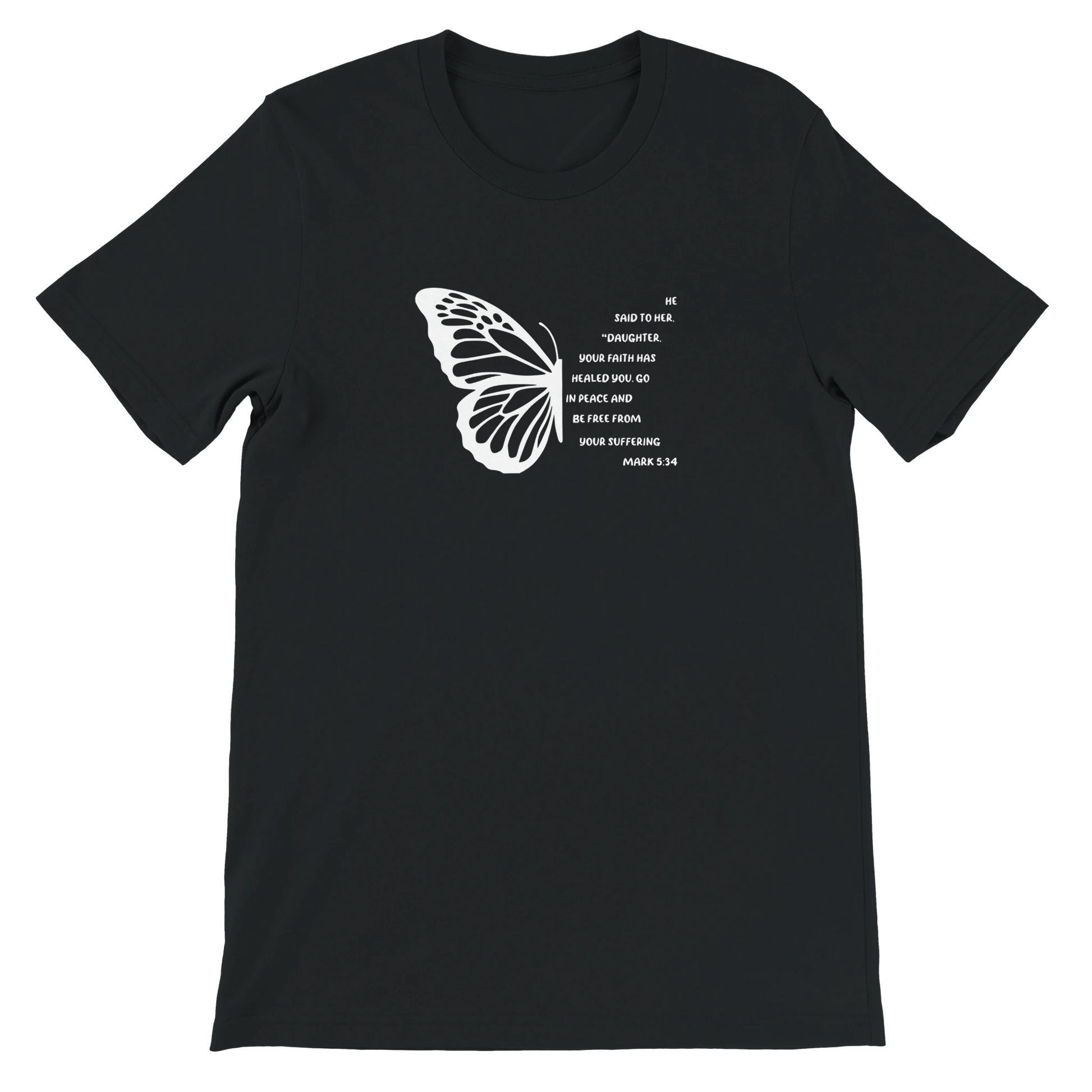 Minimalist Christian Mark 5:34 Butterfly Text Design Black T-Shirt – Unisex Fit - Breaking Bread Designs
