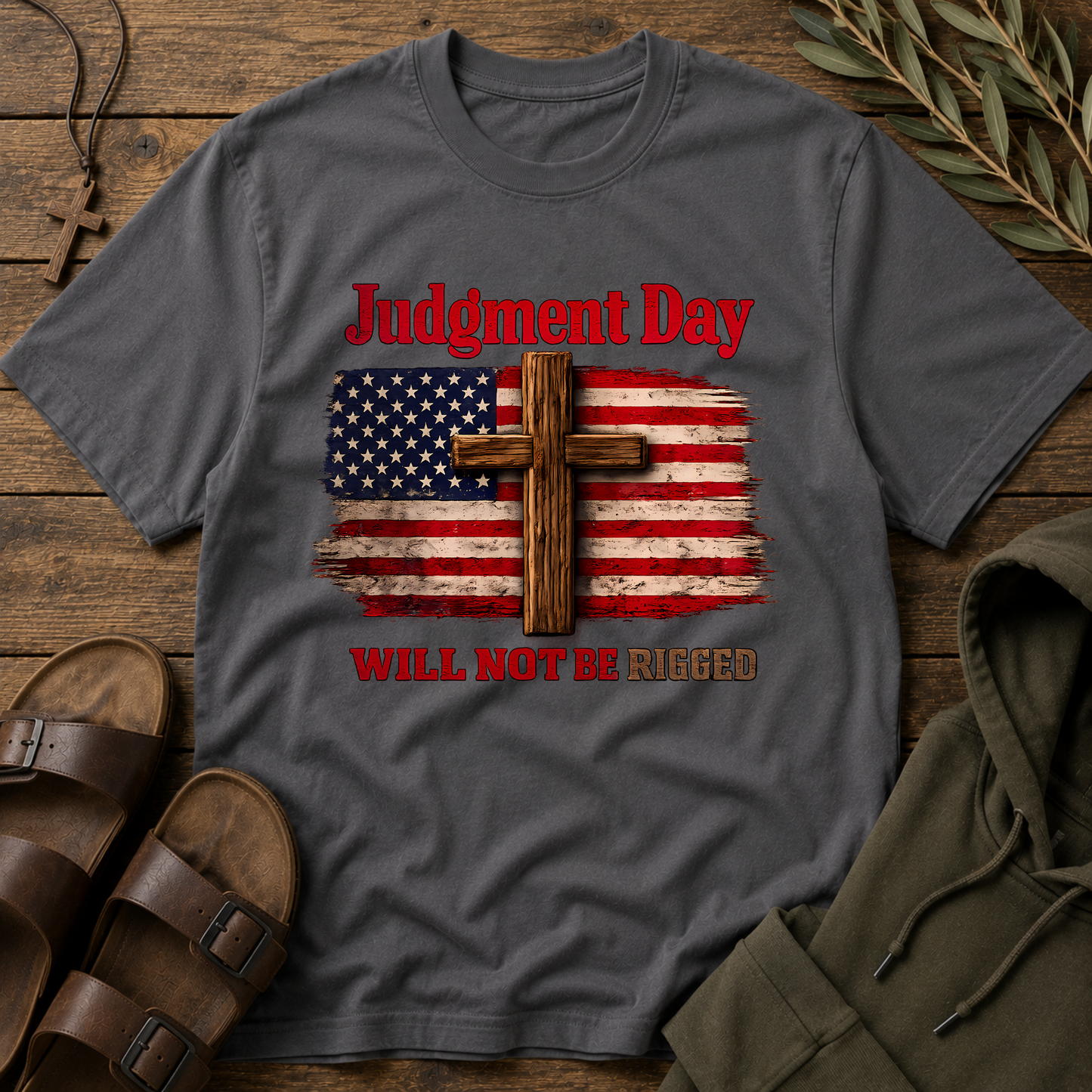 Judgment Day Will Not Be Rigged T-Shirt | Christian Patriotic Cross USA Flag Faith Graphic Tee Breaking Bread Designs